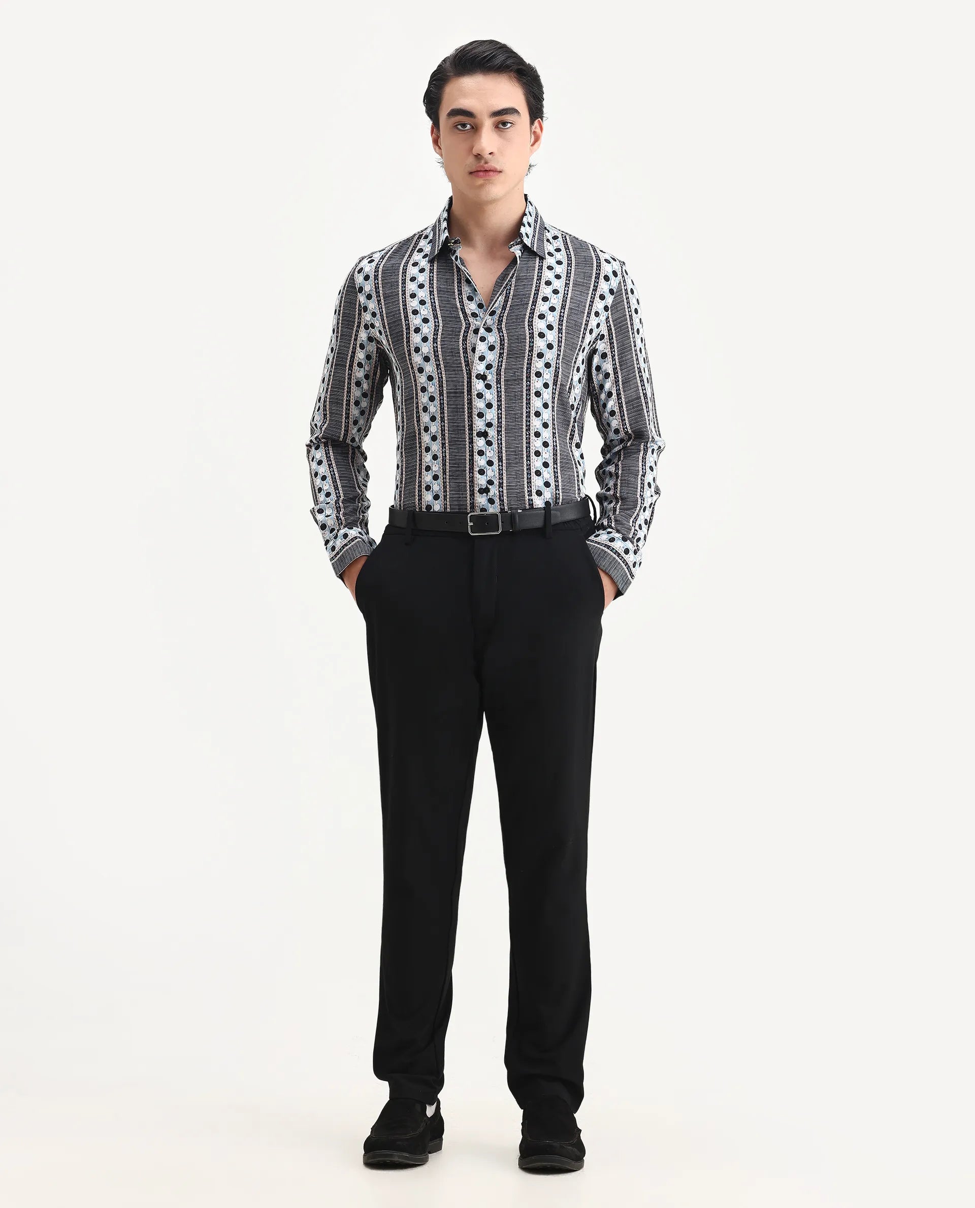 Rare Rabbit Men's Clortan Black Viscose Geometric Print Regular Fit Full Sleeve Collared Shirt