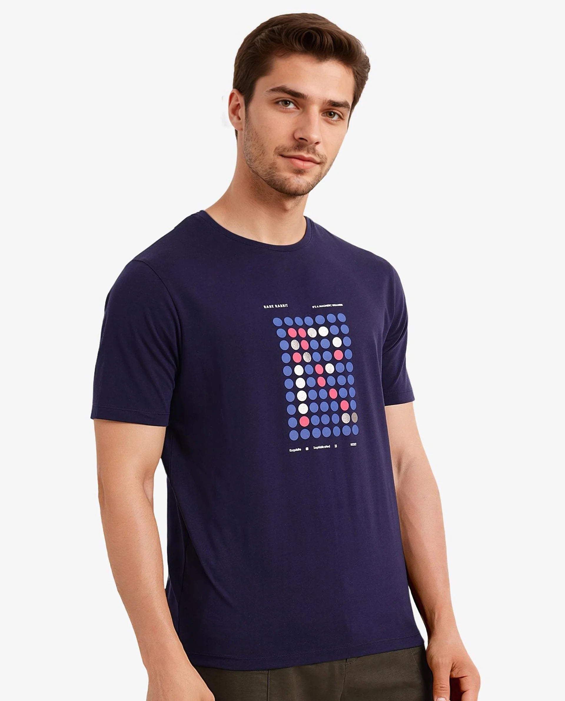 Rare Rabbit Men Colos Navy Cotton Lycra Fabric Short Sleeve Crew Neck Regular Fit Graphic Print T-Shirt
