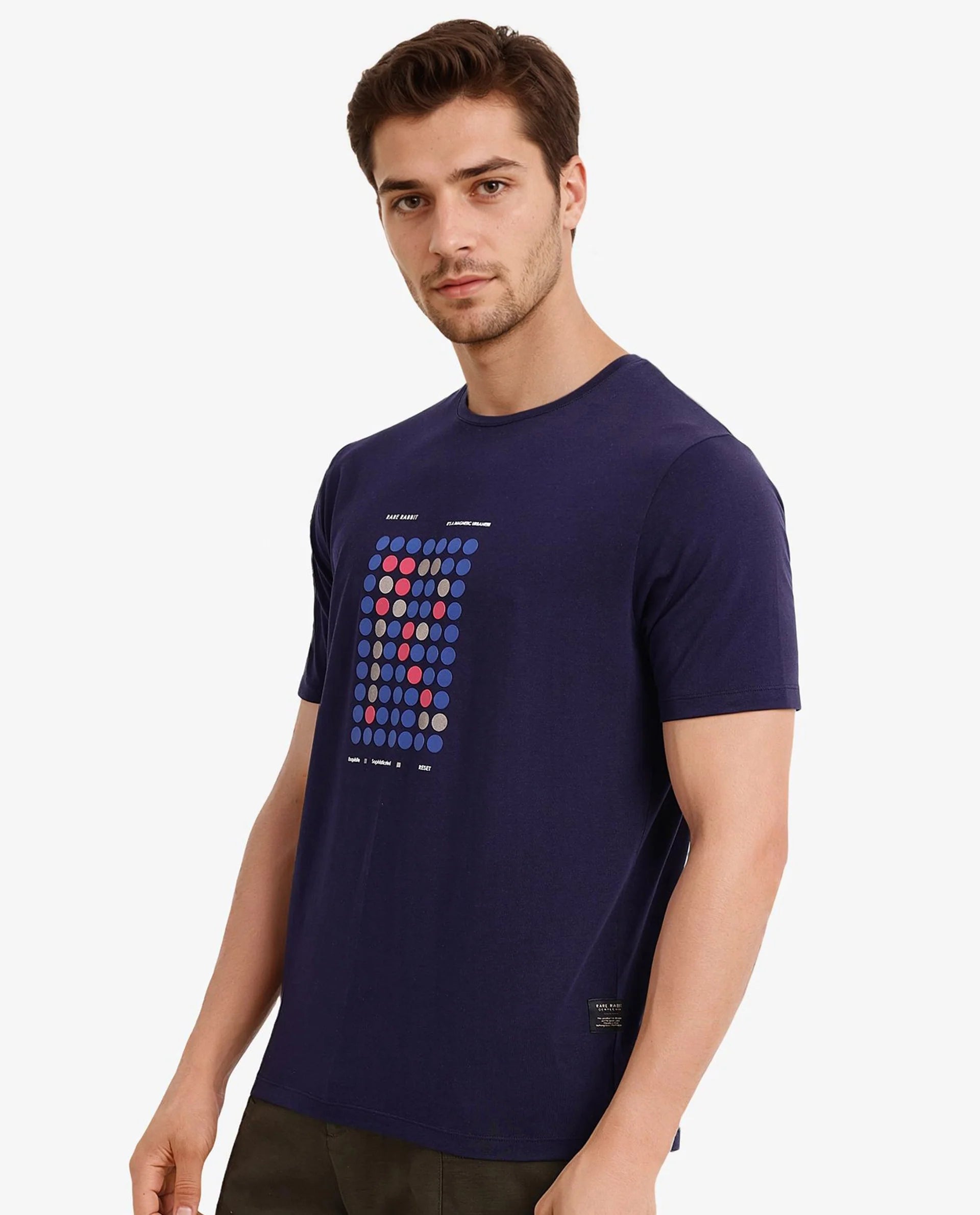 Rare Rabbit Men Colos Navy Cotton Lycra Fabric Short Sleeve Crew Neck Regular Fit Graphic Print T-Shirt