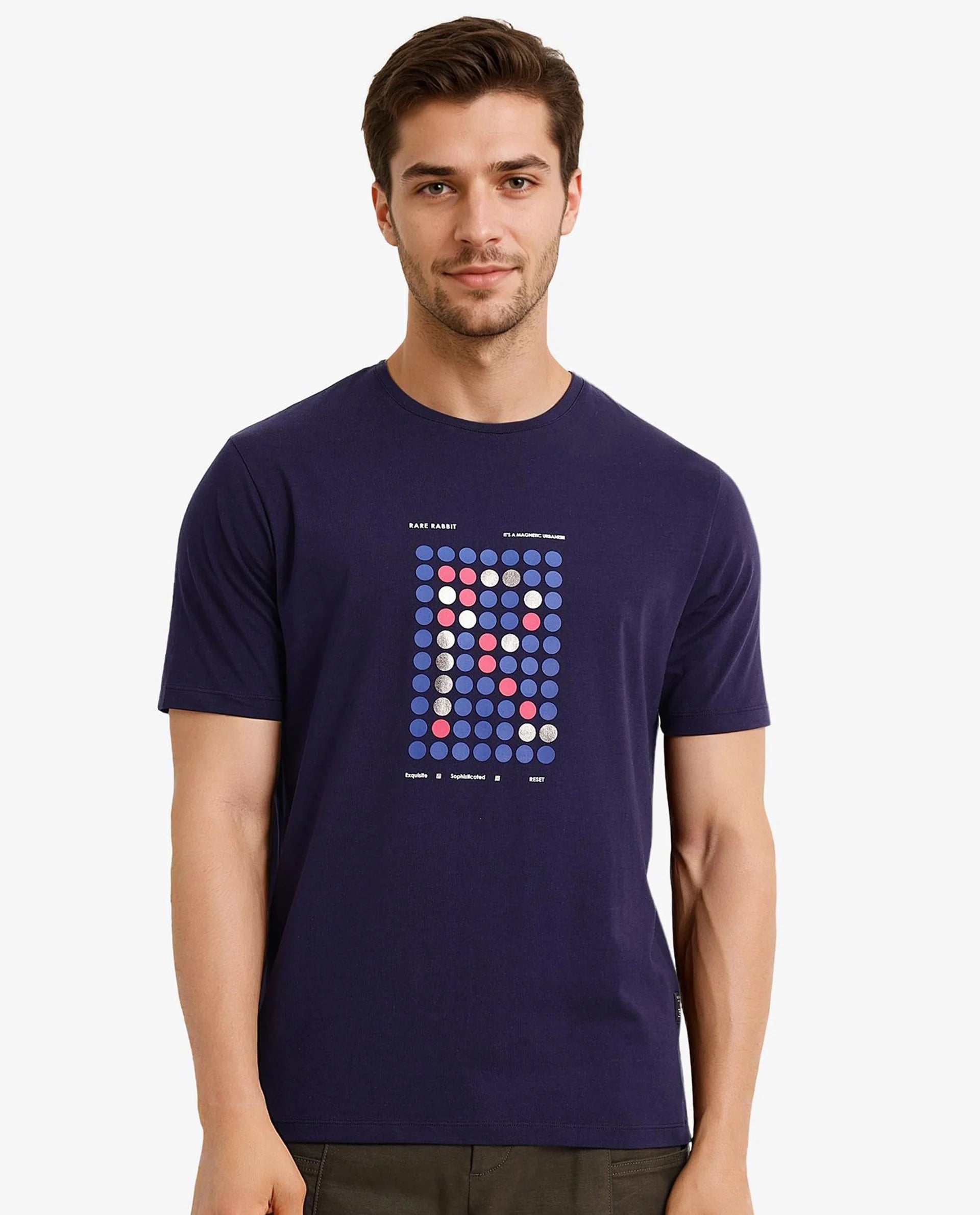 Rare Rabbit Men Colos Navy Cotton Lycra Fabric Short Sleeve Crew Neck Regular Fit Graphic Print T-Shirt