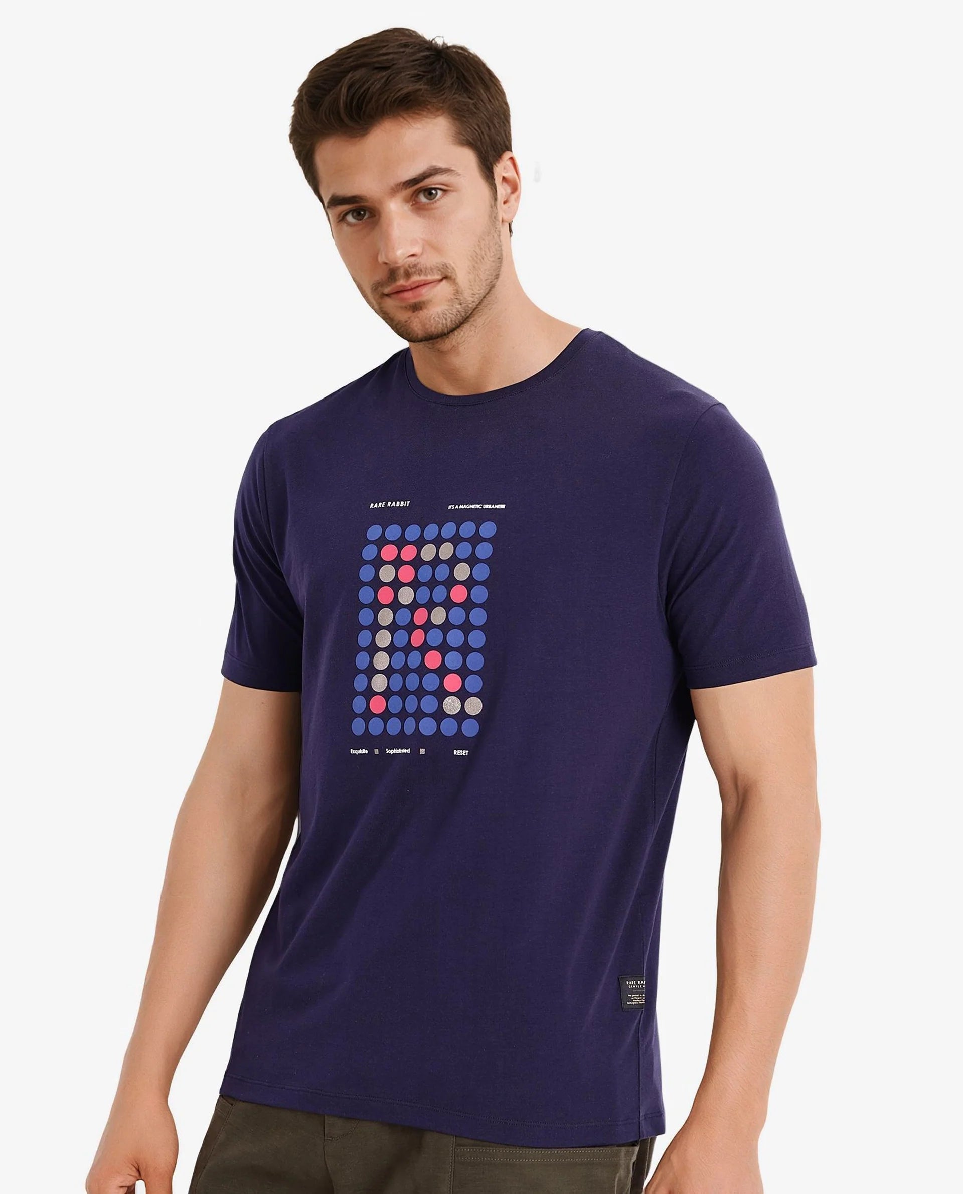 Rare Rabbit Men Colos Navy Cotton Lycra Fabric Short Sleeve Crew Neck Regular Fit Graphic Print T-Shirt