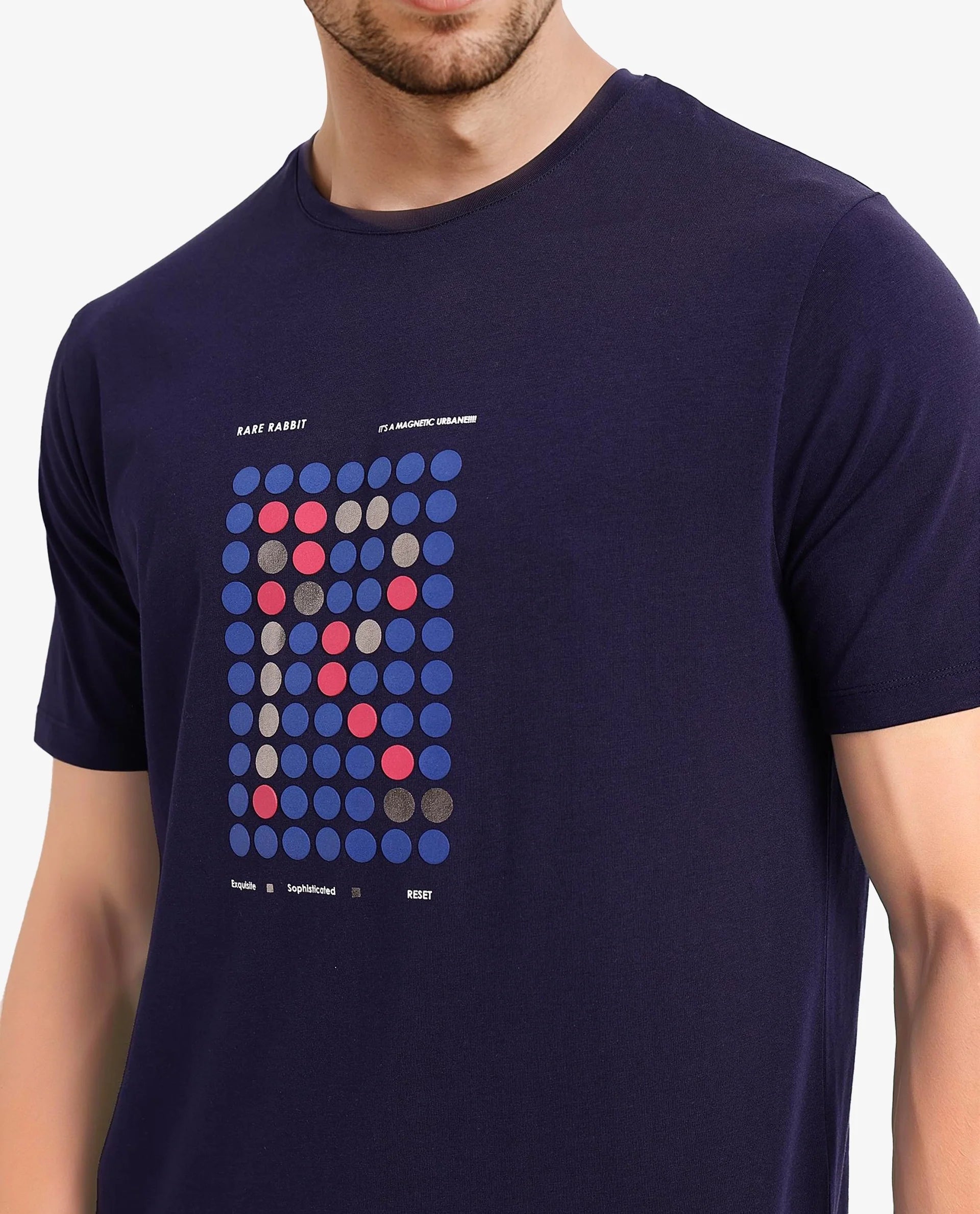 Rare Rabbit Men Colos Navy Cotton Lycra Fabric Short Sleeve Crew Neck Regular Fit Graphic Print T-Shirt