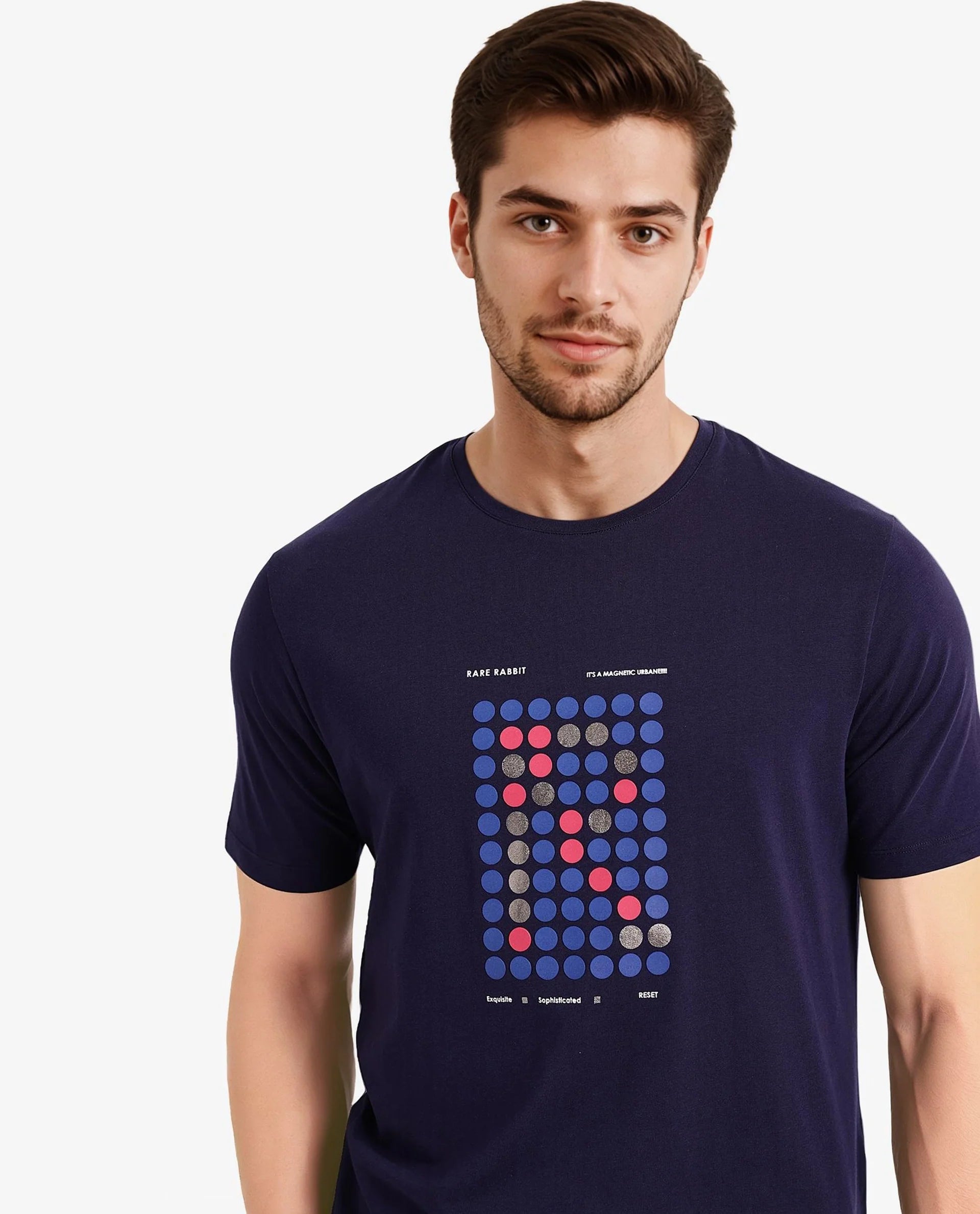 Rare Rabbit Men Colos Navy Cotton Lycra Fabric Short Sleeve Crew Neck Regular Fit Graphic Print T-Shirt
