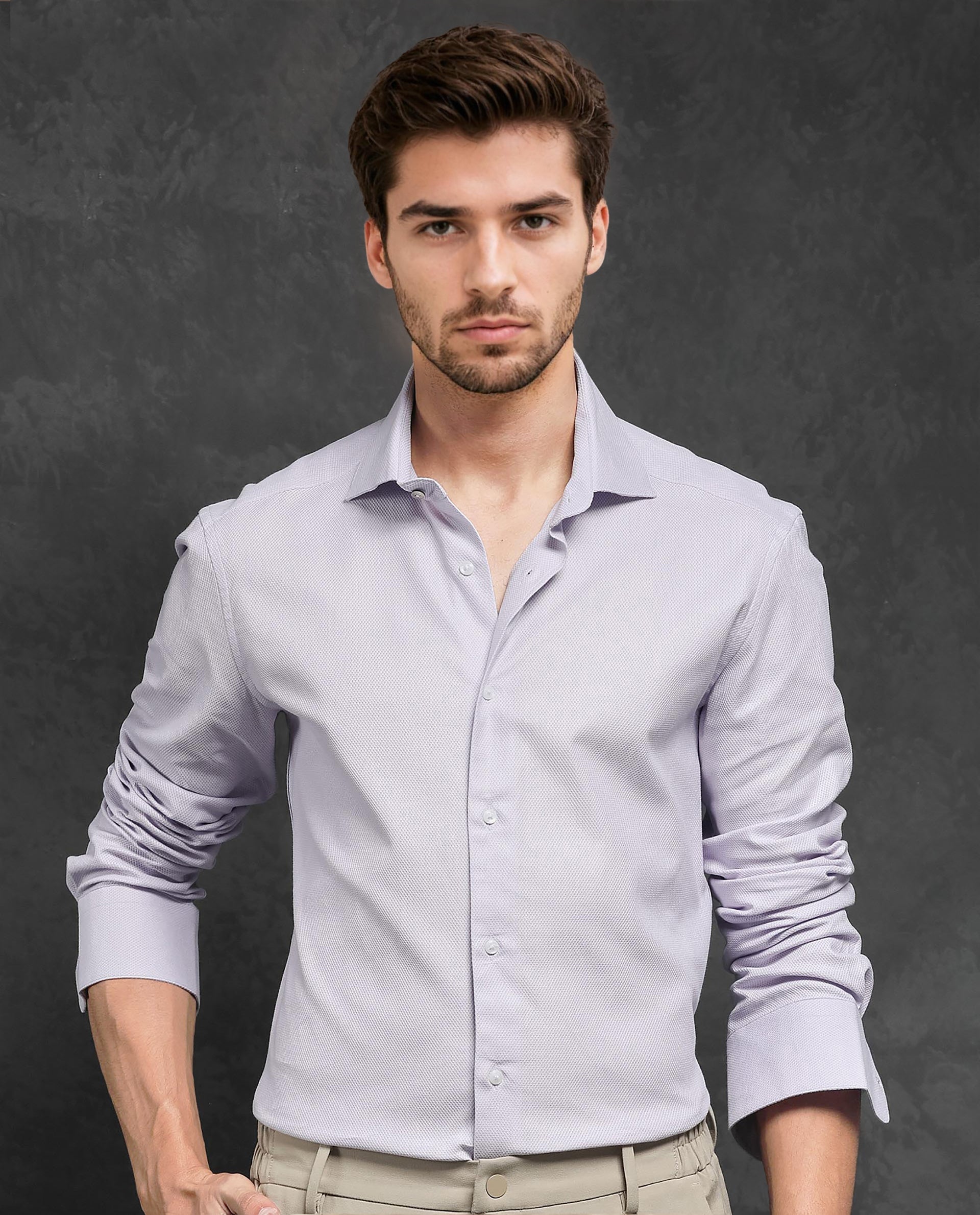 Rare Rabbit Men's Comb-1 Pastel Purple Cotton Fabric Full Sleeves Solid Shirt