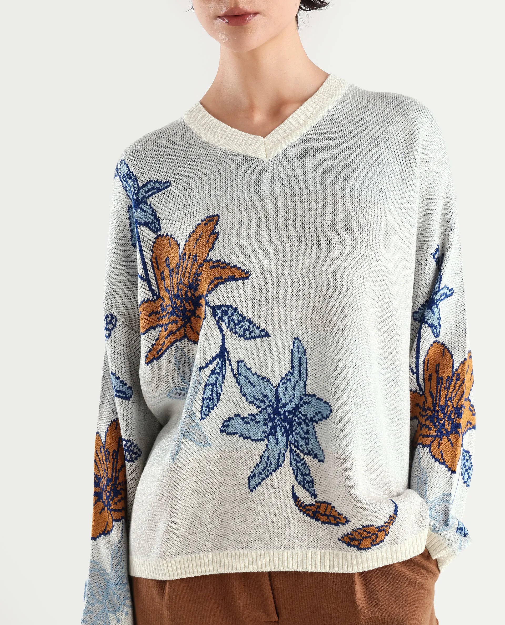 Rareism Women's Cometry Off White Acrylic V-Neck Floral Print Relaxed Fit Sweater