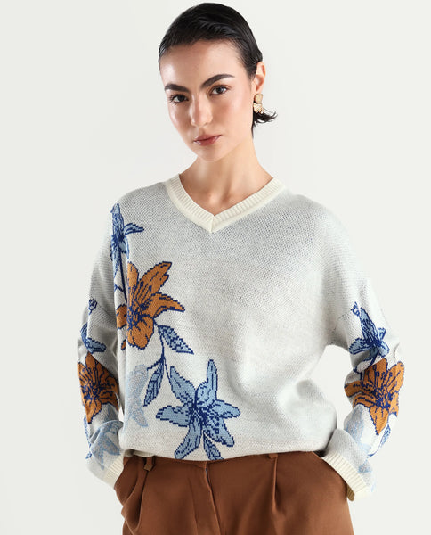 Rareism Women's Cometry Off White Acrylic V-Neck Floral Print Relaxed