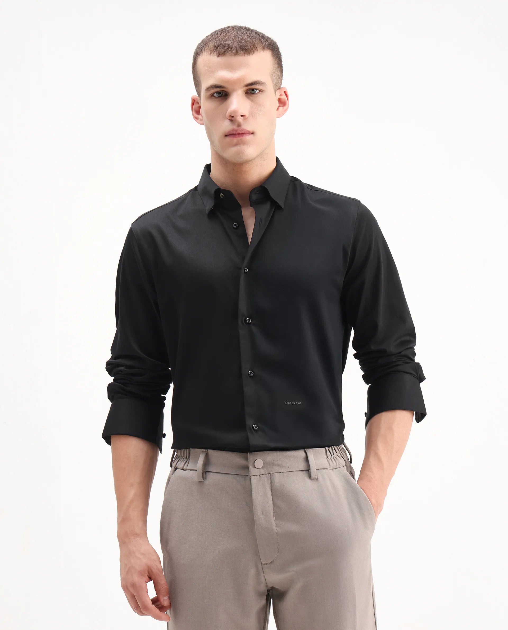 Rare Rabbit Men's Como-26 Black Satin Plain Regular Fit Full Sleeve Collared Shirt