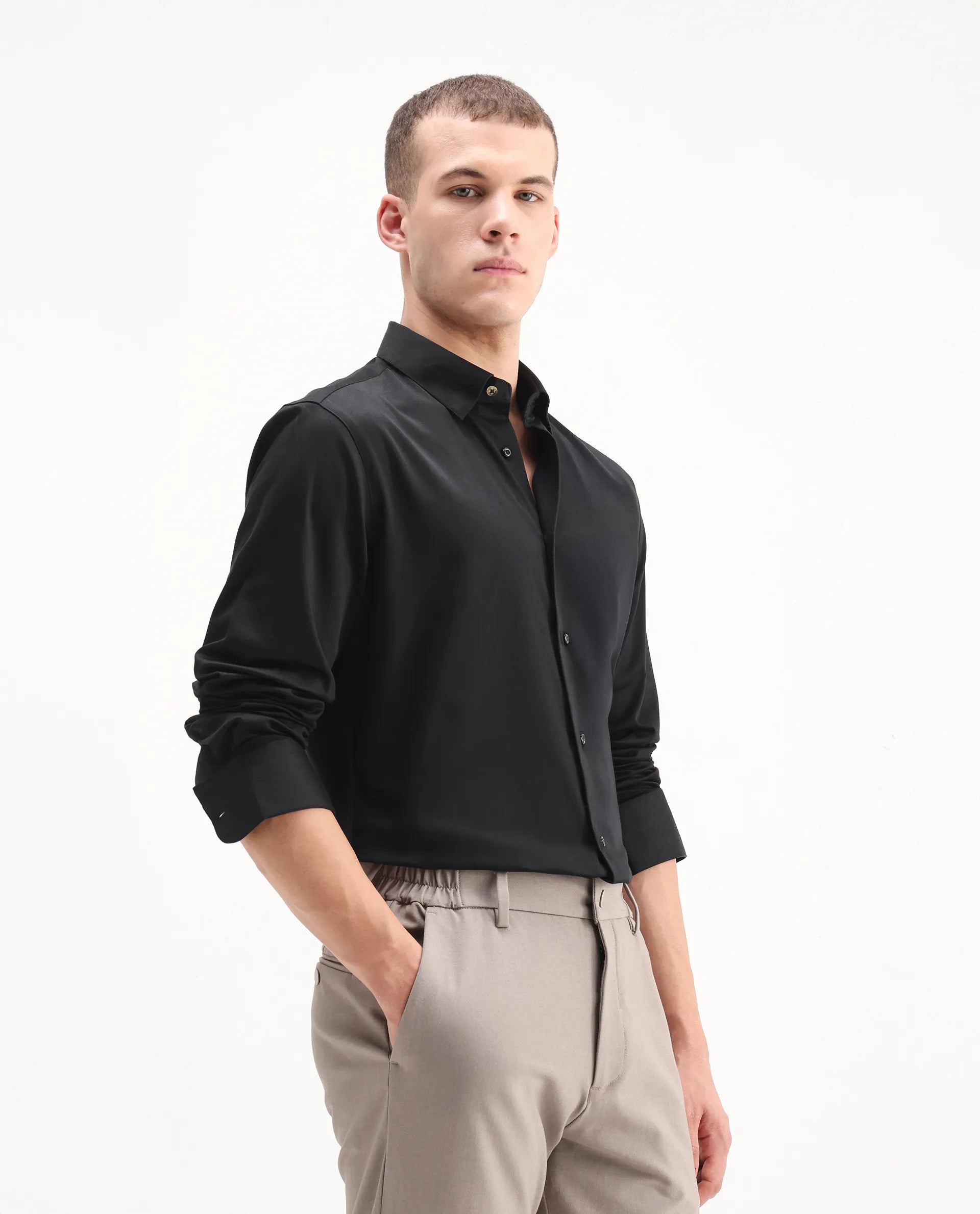 Rare Rabbit Men's Como-26 Black Satin Plain Regular Fit Full Sleeve Collared Shirt