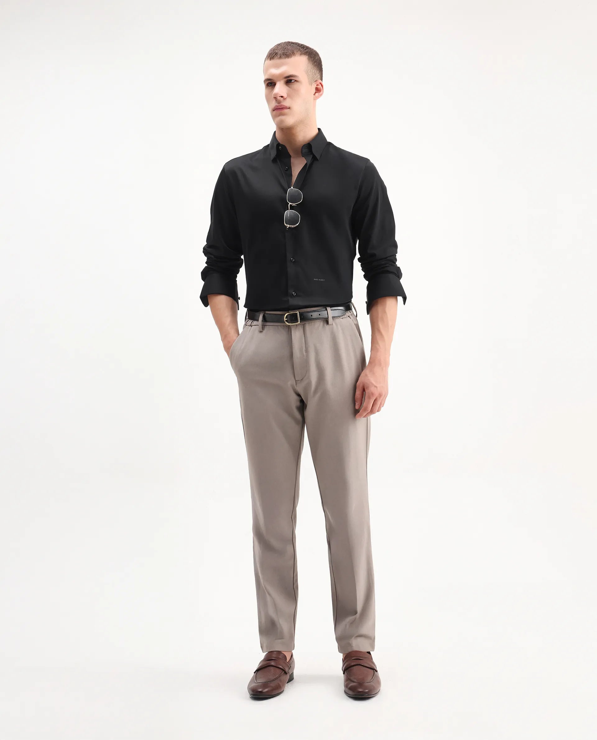 Rare Rabbit Men's Como-26 Black Satin Plain Regular Fit Full Sleeve Collared Shirt