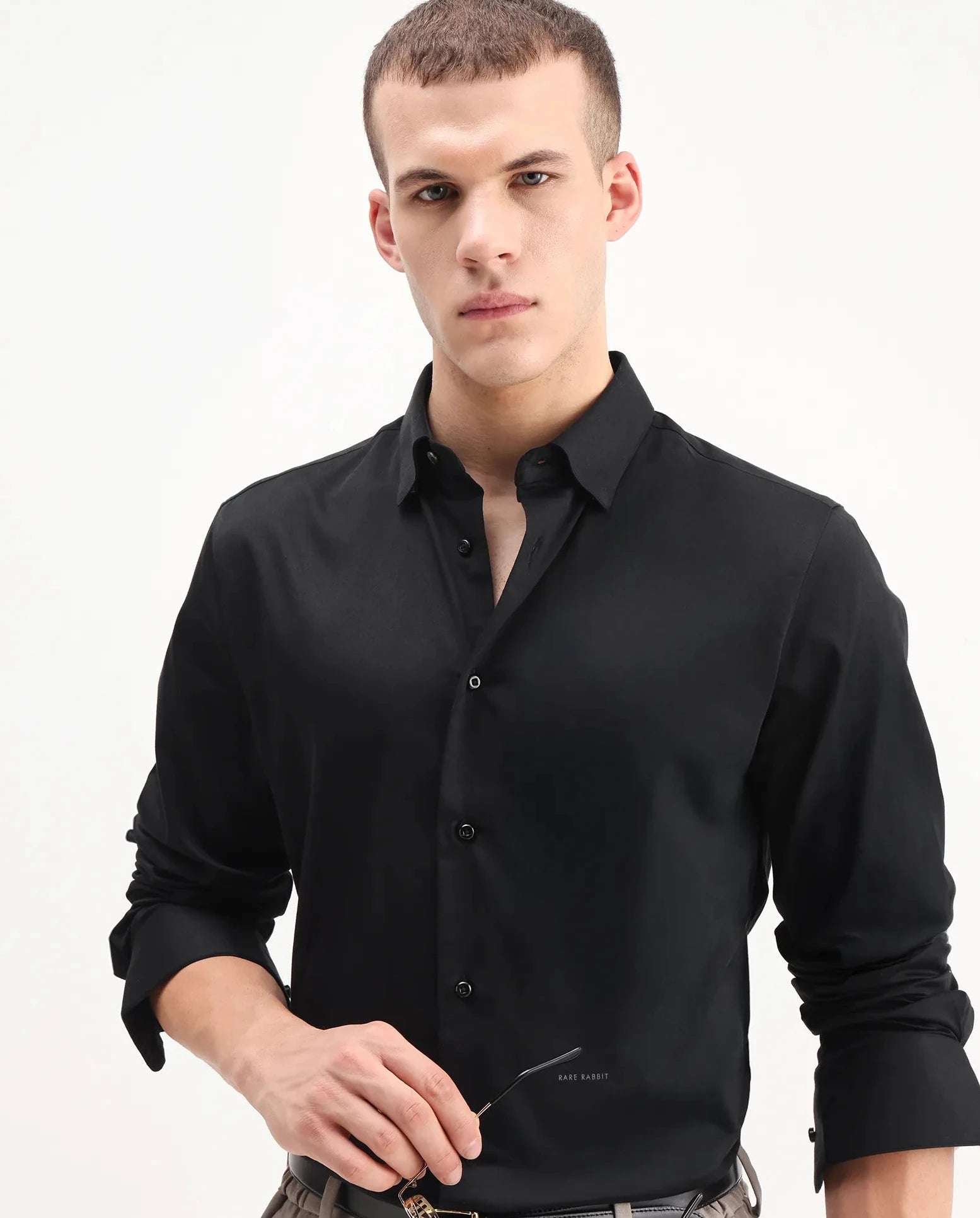 Rare Rabbit Men's Como-26 Black Satin Plain Regular Fit Full Sleeve Collared Shirt