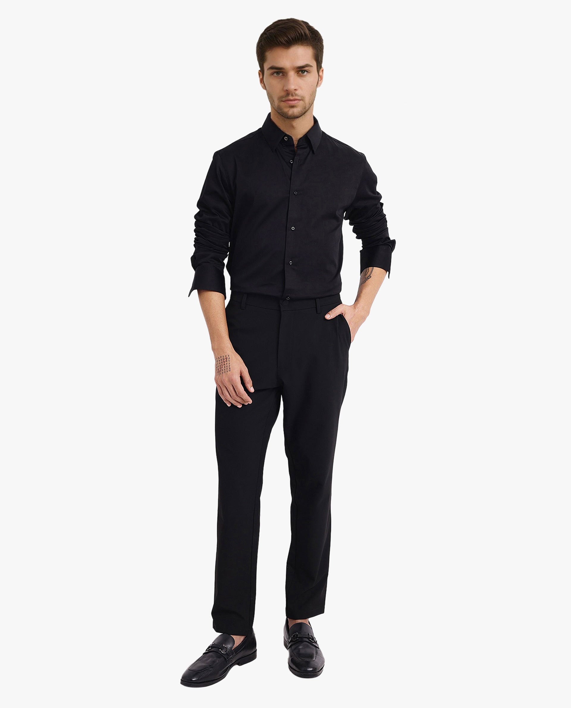 Rare Rabbit Men Como-5 Black Cotton Lycra Fabric Full Sleeve Regular Fit Plain Satin Shirt