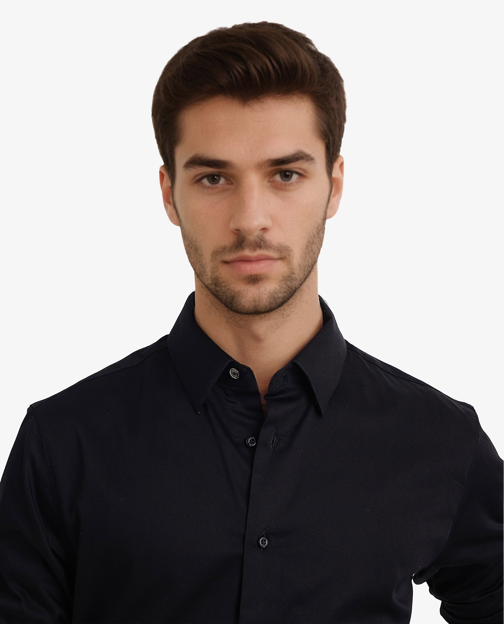 Rare Rabbit Men Como-5 Black Cotton Lycra Fabric Full Sleeve Regular Fit Plain Satin Shirt