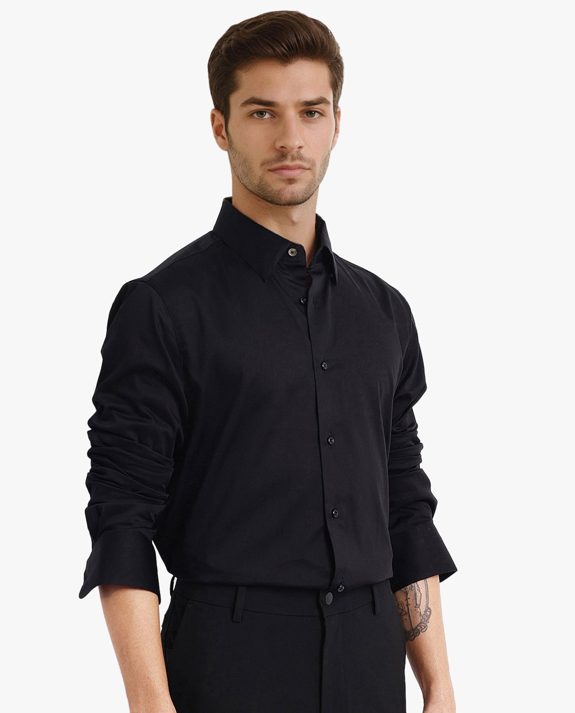 Rare Rabbit Men Como-5 Black Cotton Lycra Fabric Full Sleeve Regular Fit Plain Satin Shirt