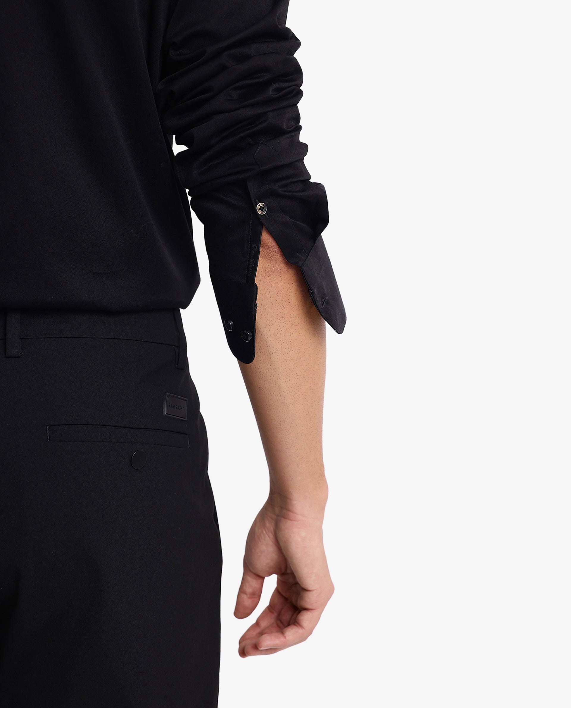 Rare Rabbit Men Como-5 Black Cotton Lycra Fabric Full Sleeve Regular Fit Plain Satin Shirt