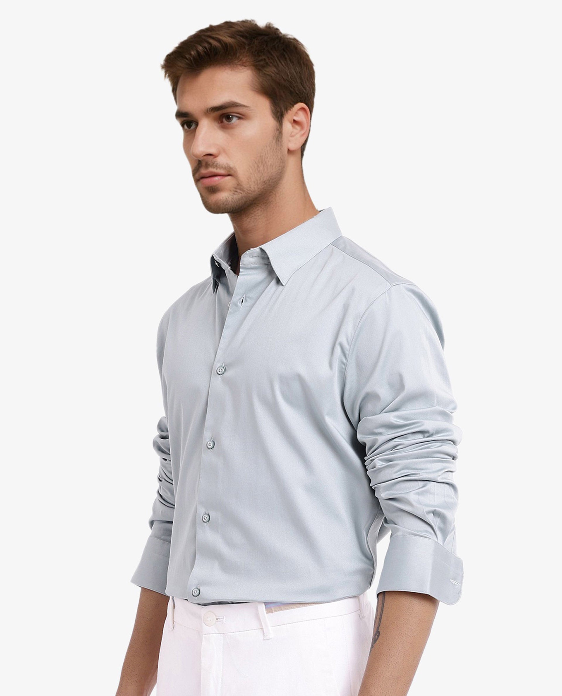 Rare Rabbit Men Como-5 Pastel Blue Cotton Lycra Fabric Full Sleeve Regular Fit Plain Satin Shirt