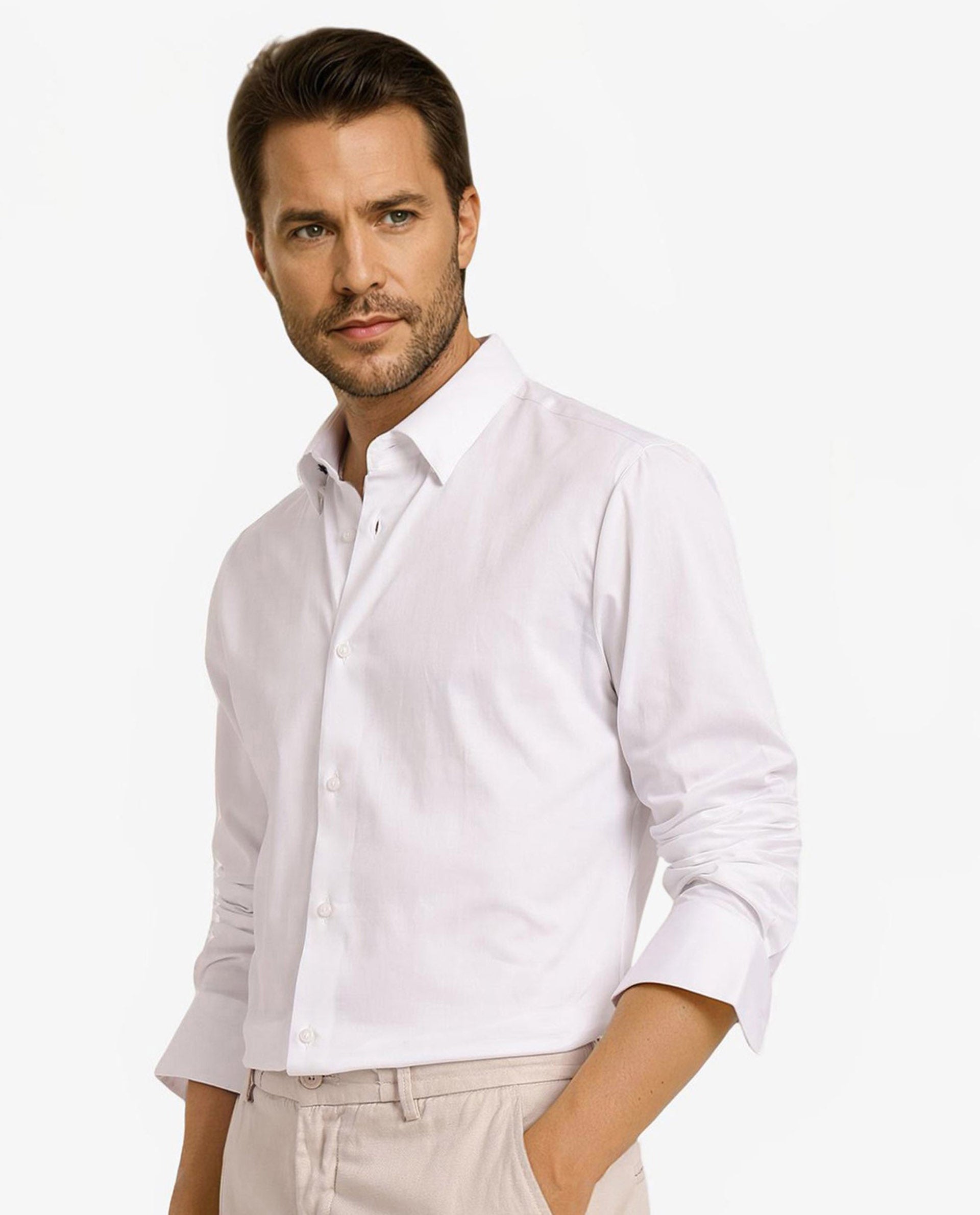 Rare Rabbit Men Como-5 White Cotton Lycra Fabric Full Sleeve Regular Fit Plain Satin Shirt