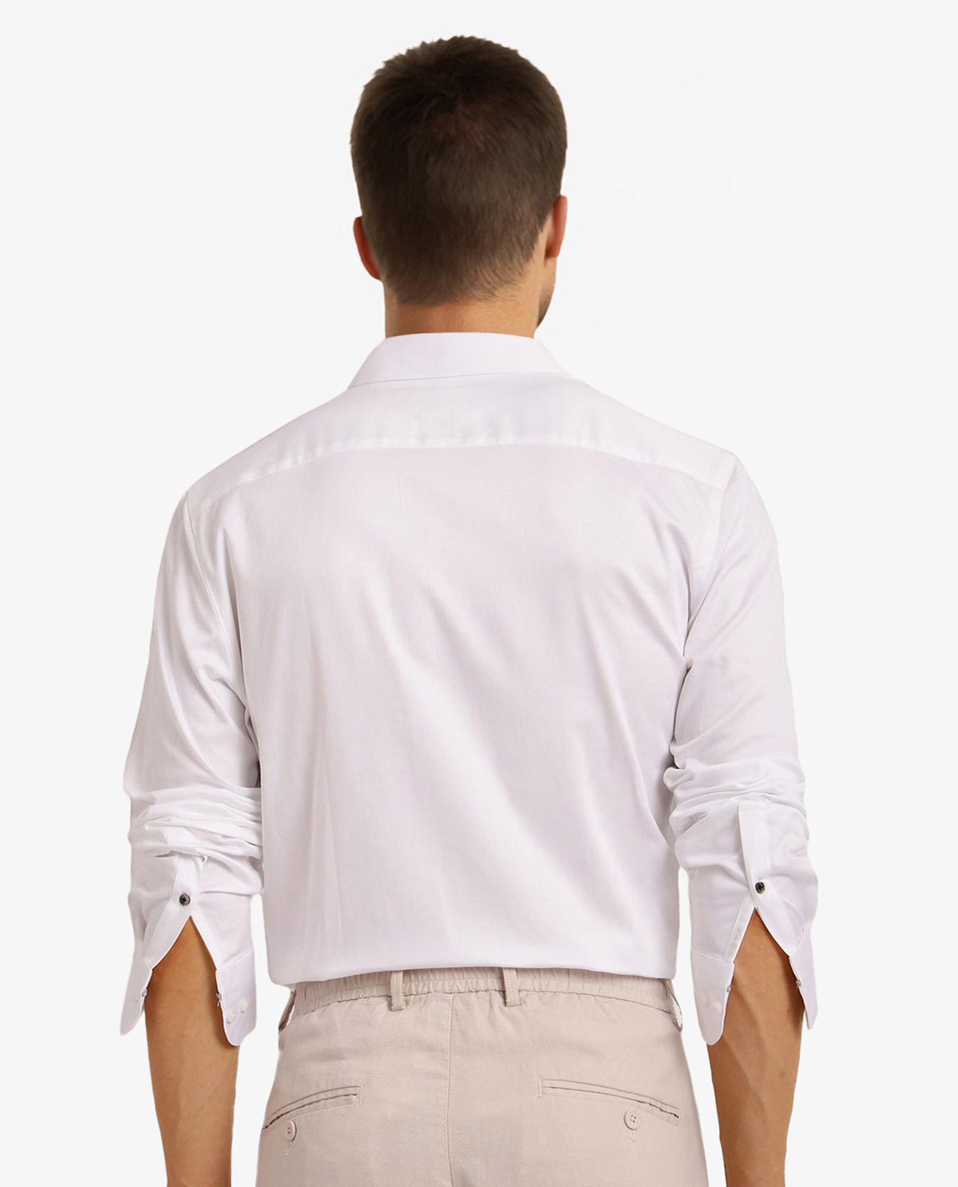 Rare Rabbit Men Como-5 White Cotton Lycra Fabric Full Sleeve Regular Fit Plain Satin Shirt