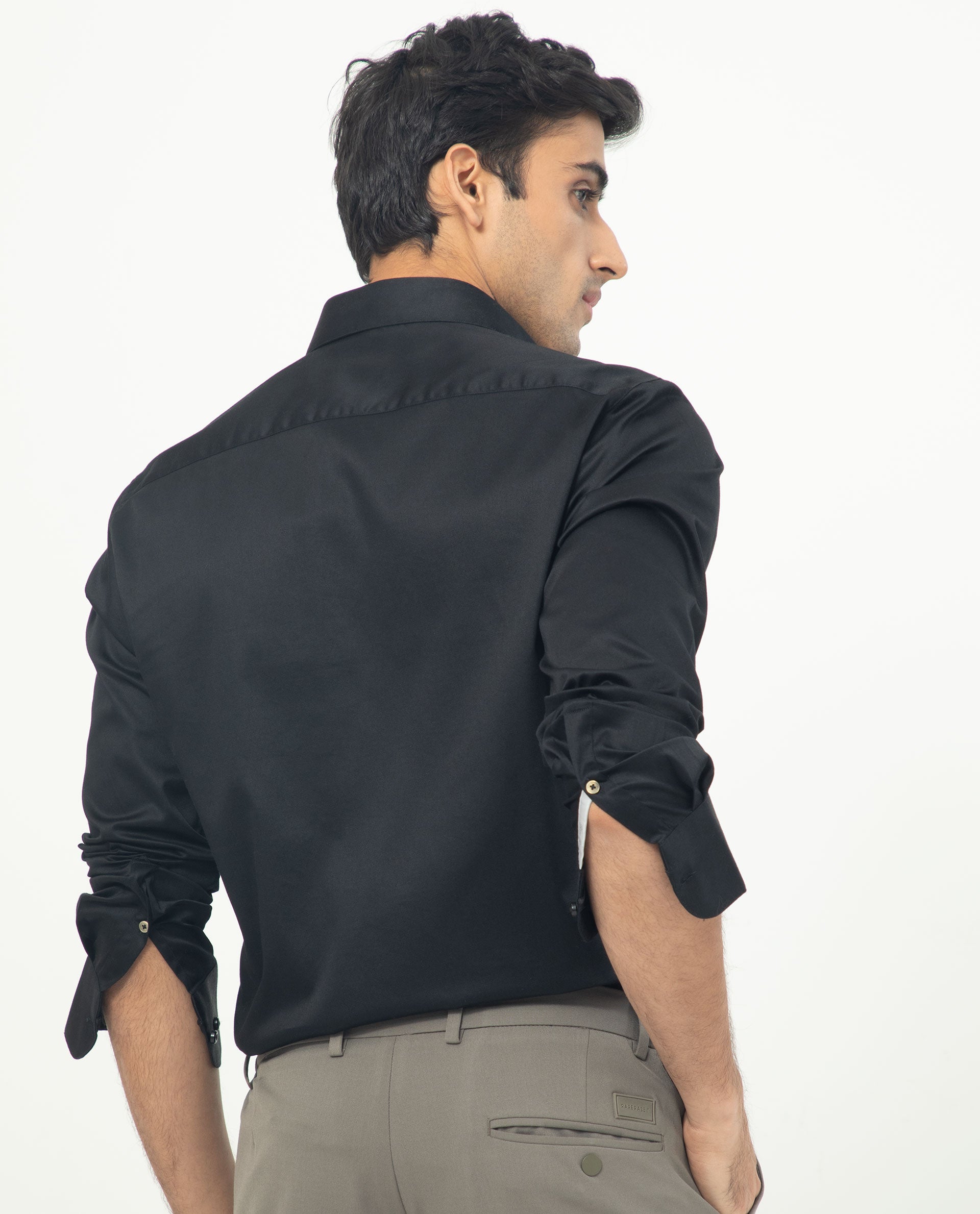 Rare Rabbit Men's Comor Black Satin Fabric Full Sleeves Solid Shirt