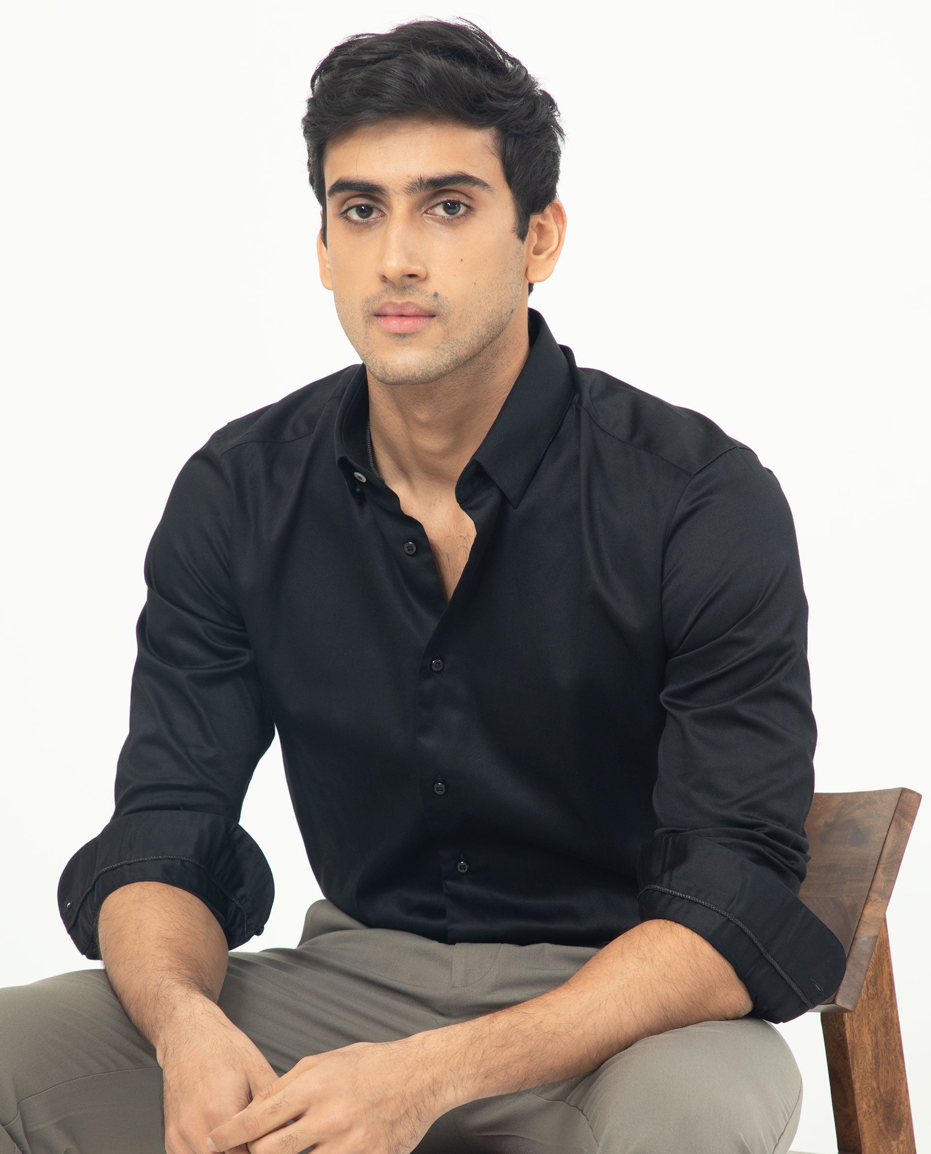 Rare Rabbit Men's Comor Black Satin Fabric Full Sleeves Solid Shirt