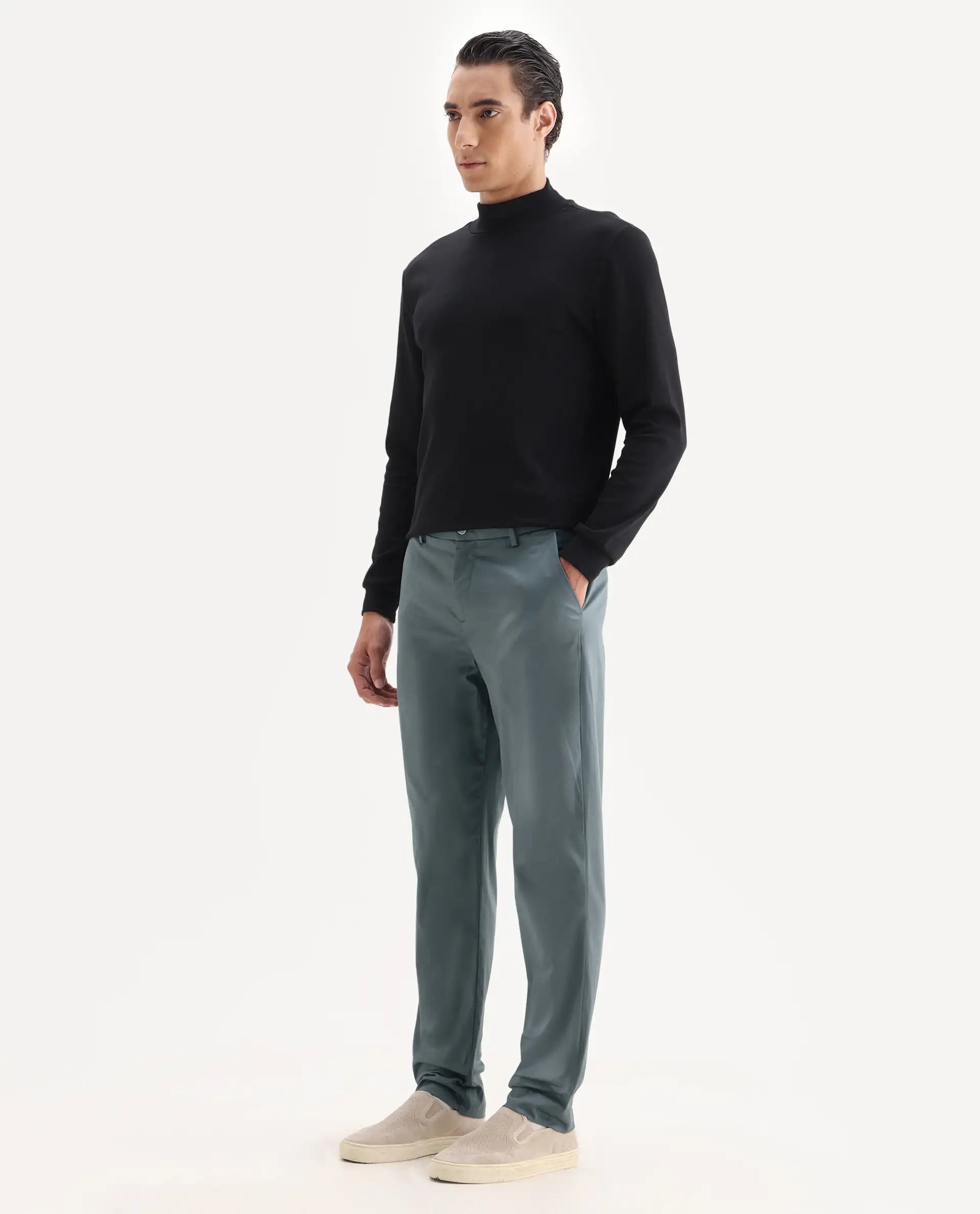 Rare Rabbit Men's Comotel Grey Cotton Blend Plain Regular Fit Trouser