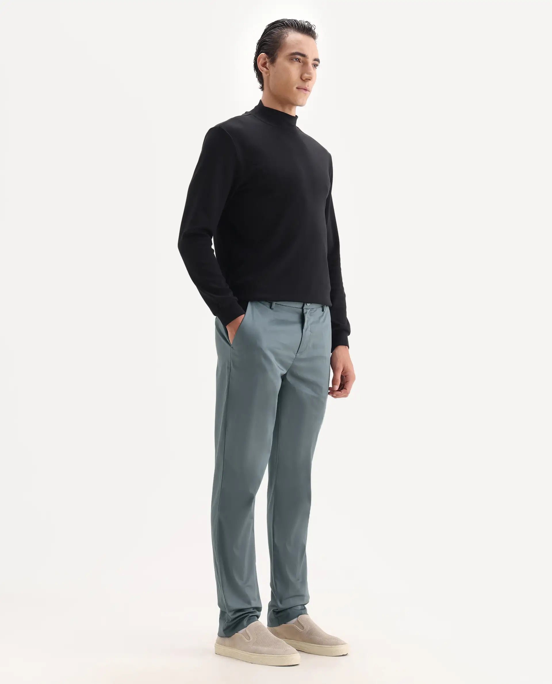 Rare Rabbit Men's Comotel Grey Cotton Blend Plain Regular Fit Trouser