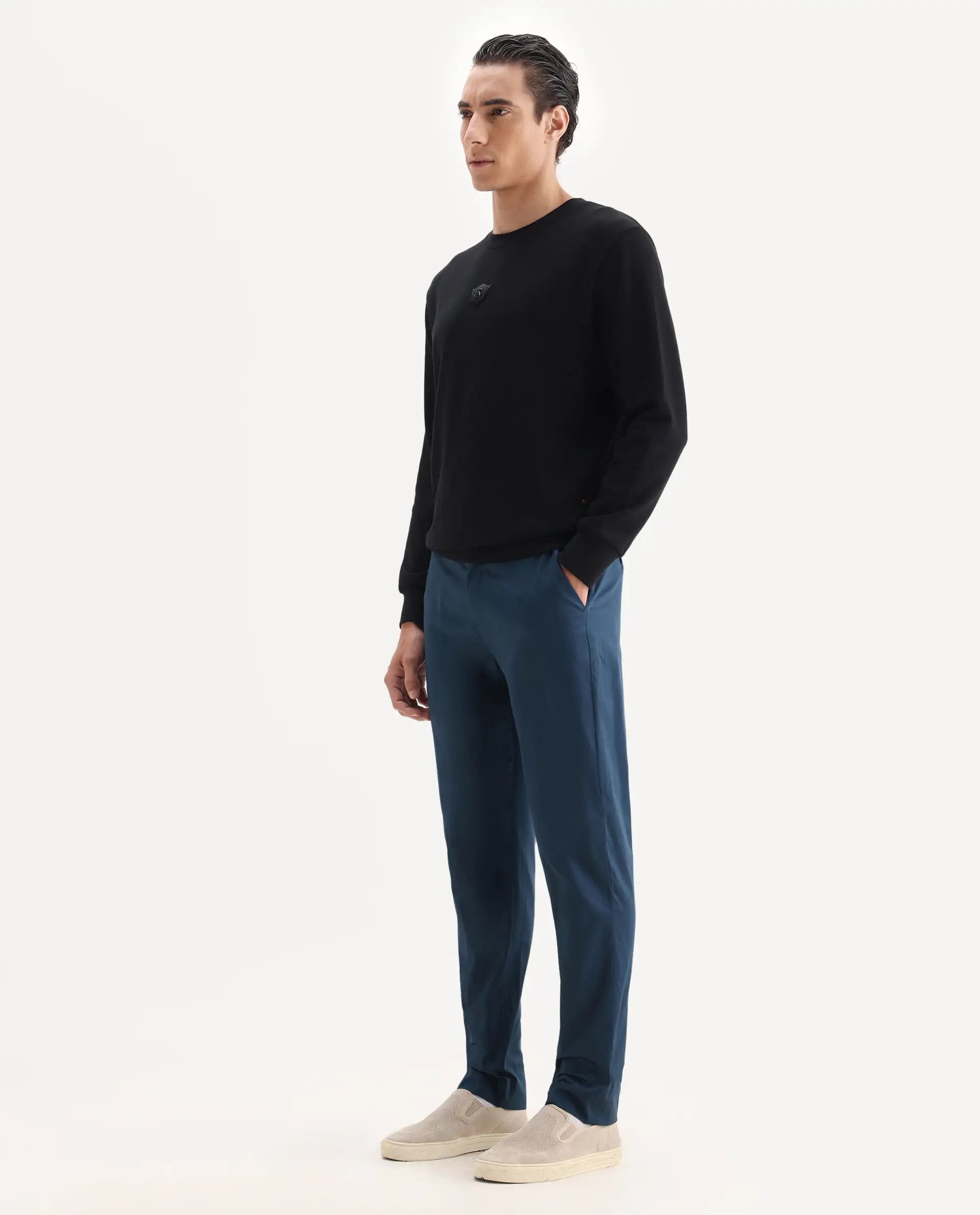 Rare Rabbit Men's Comotel Teal Cotton Blend Plain Regular Fit Trouser