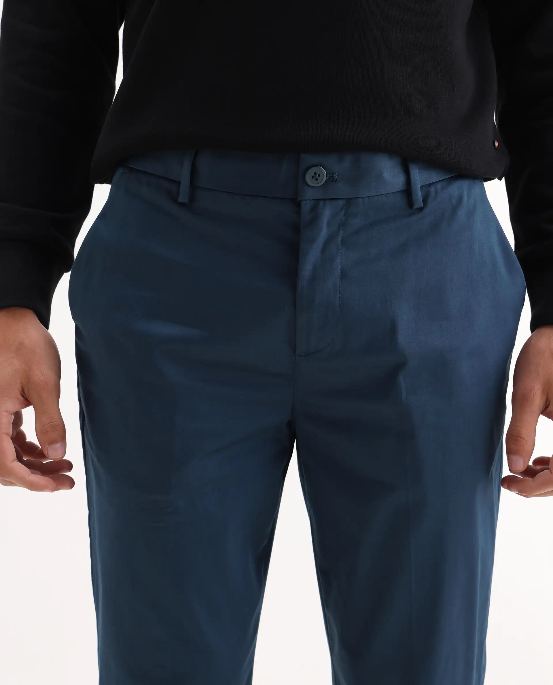 Rare Rabbit Men's Comotel Teal Cotton Blend Plain Regular Fit Trouser