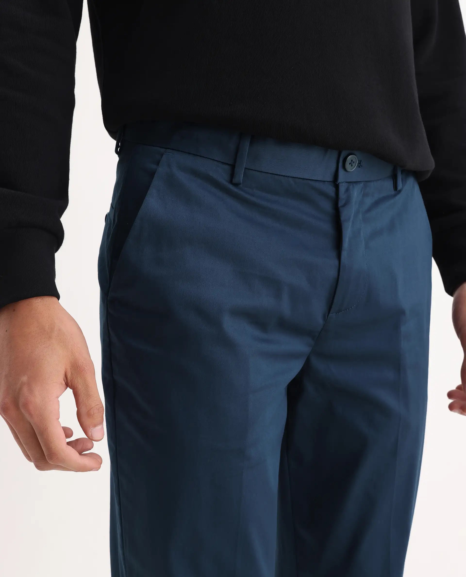 Rare Rabbit Men's Comotel Teal Cotton Blend Plain Regular Fit Trouser