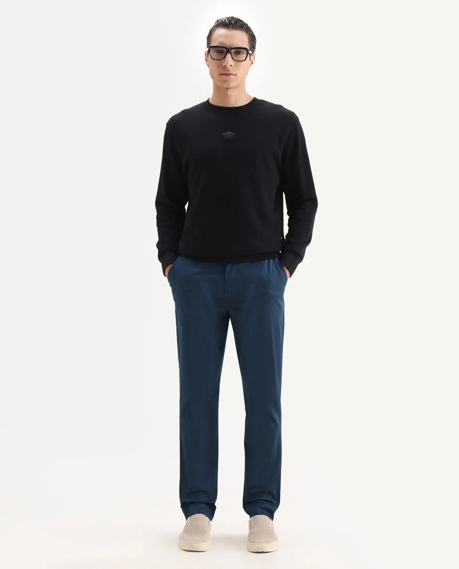 Rare Rabbit Men's Comotel Teal Cotton Blend Plain Regular Fit Trouser