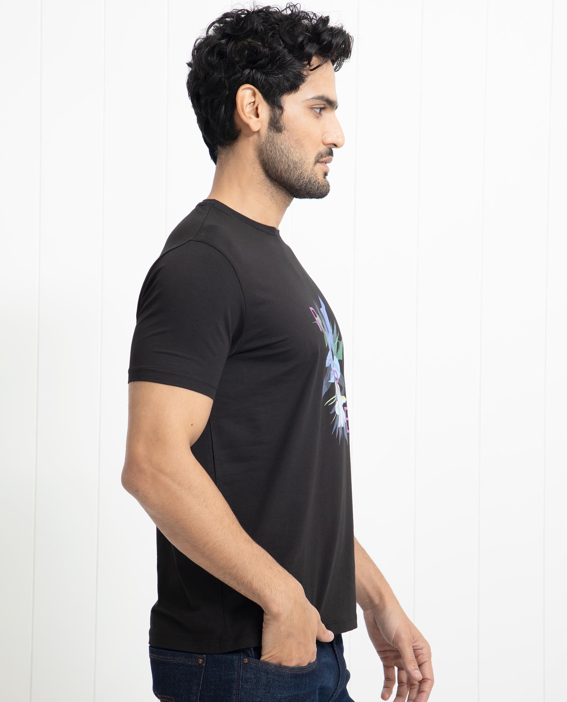 Rare Rabbit Men's Concord Black Crew Neck Half Sleeves Floral Graphic Print Regular Fit T-Shirt