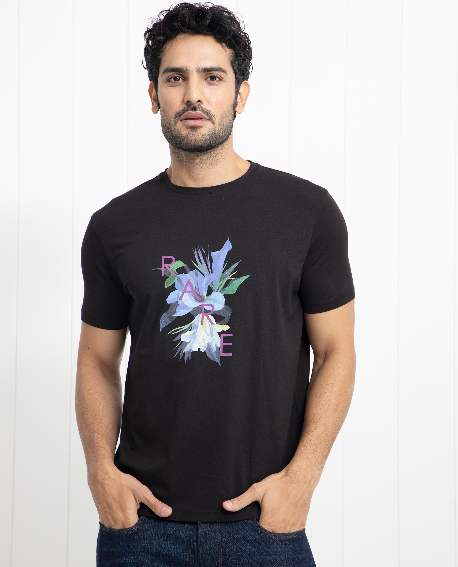 Rare Rabbit Men's Concord Black Crew Neck Half Sleeves Floral Graphic Print Regular Fit T-Shirt