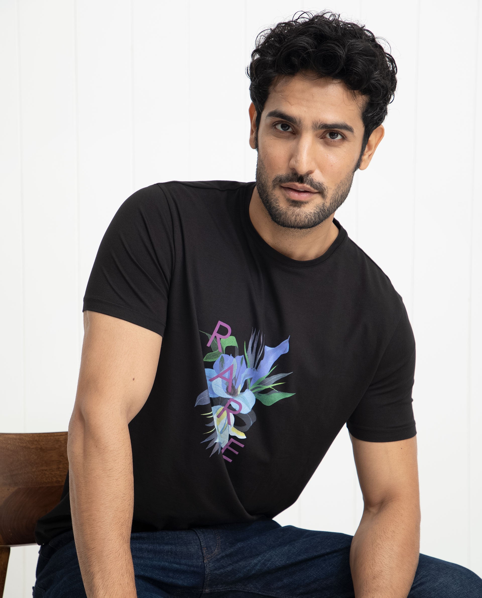 Rare Rabbit Men's Concord Black Crew Neck Half Sleeves Floral Graphic Print Regular Fit T-Shirt