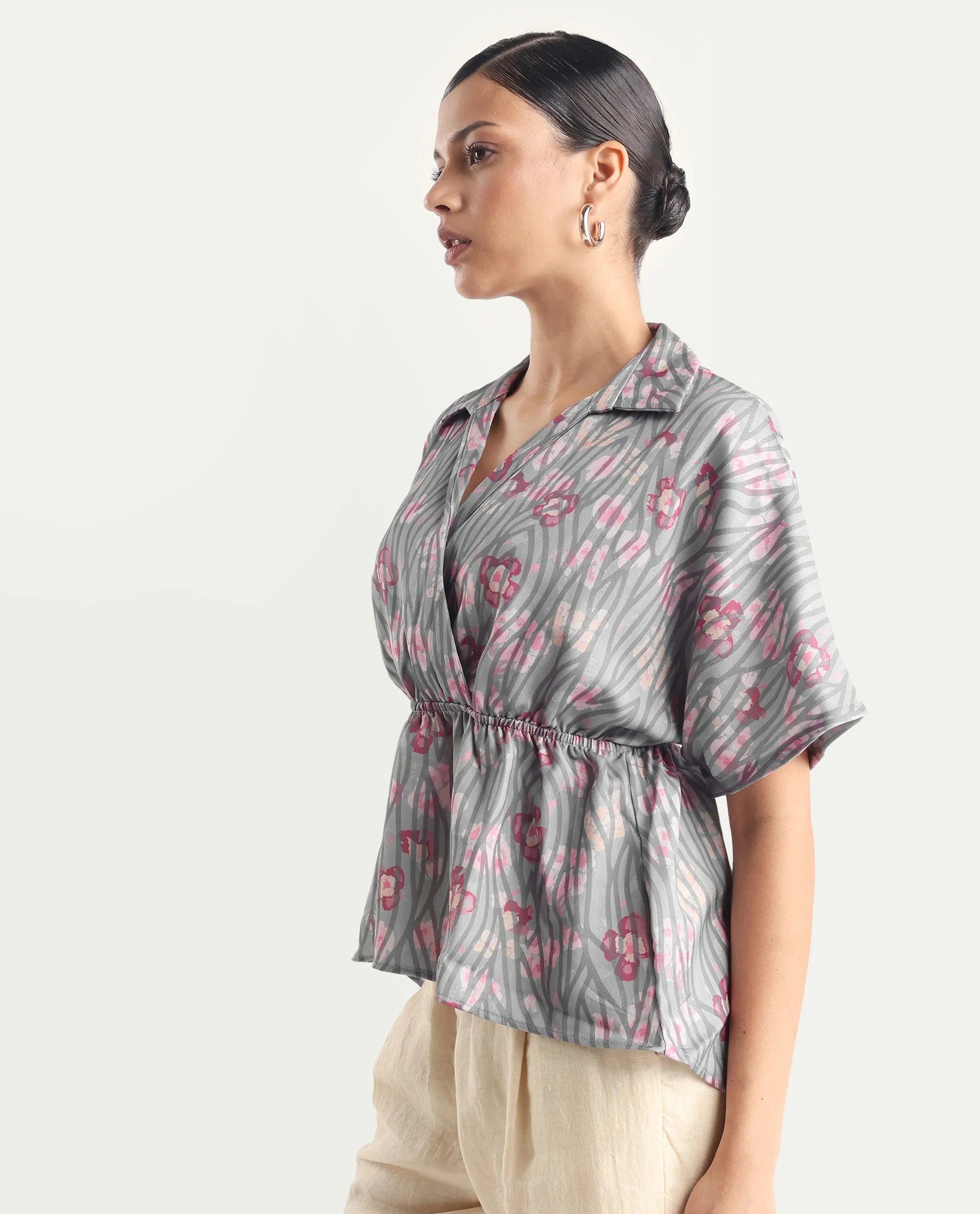 Rareism Women's Copa - Dusky Multi Satin Johnny Collar Floral Print Kimono Sleeve Regular Fit Top