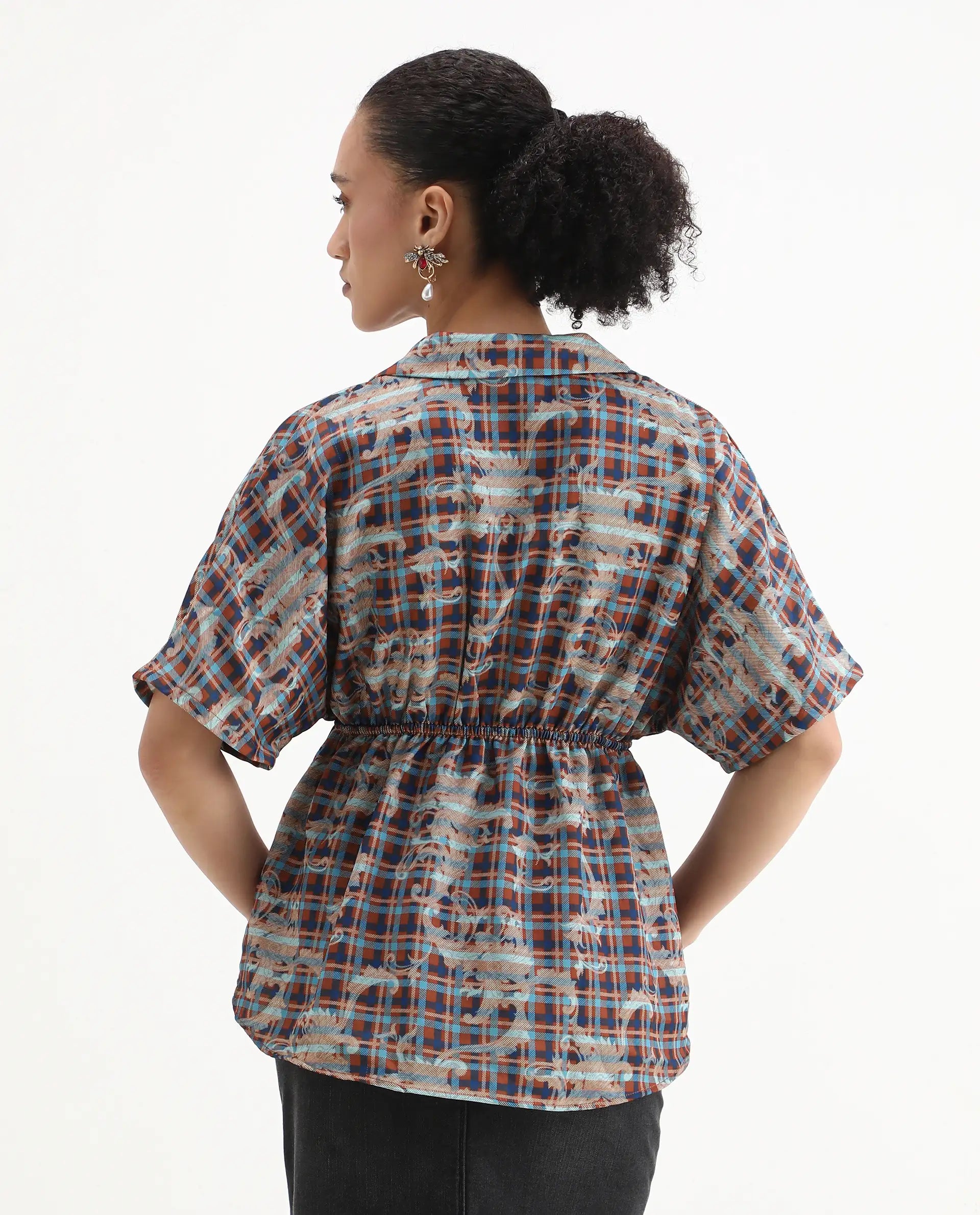 Rareism Women's Copo Dark Multi Polyester Johnny Collar Geometric Print Kimono Sleeve Regular Fit Top