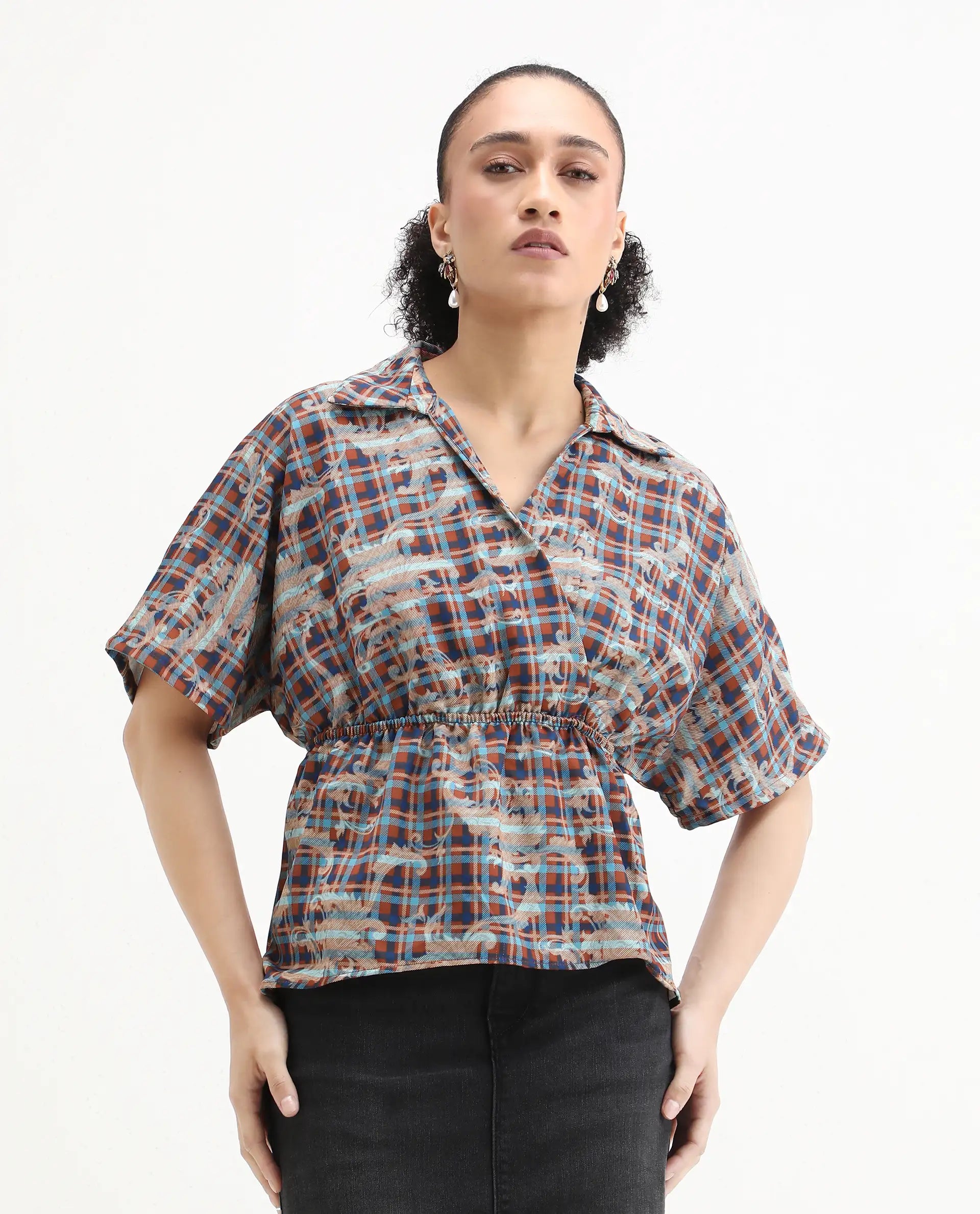 Rareism Women's Copo Dark Multi Polyester Johnny Collar Geometric Print Kimono Sleeve Regular Fit Top