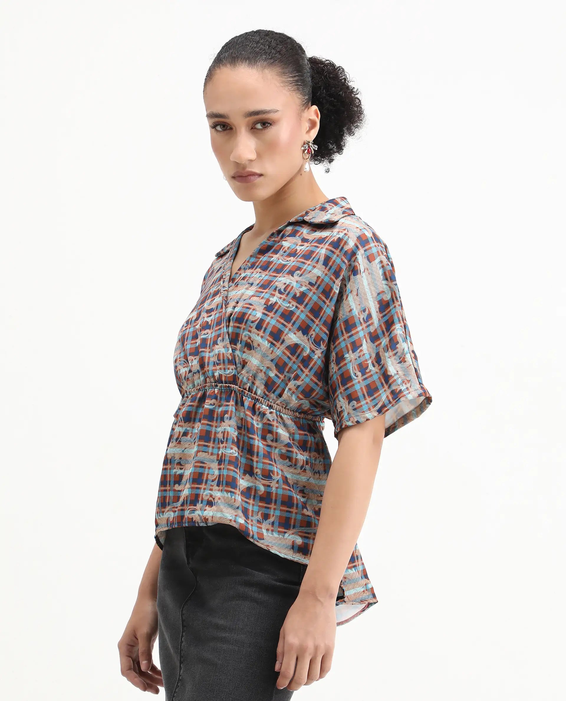 Rareism Women's Copo Dark Multi Polyester Johnny Collar Geometric Print Kimono Sleeve Regular Fit Top