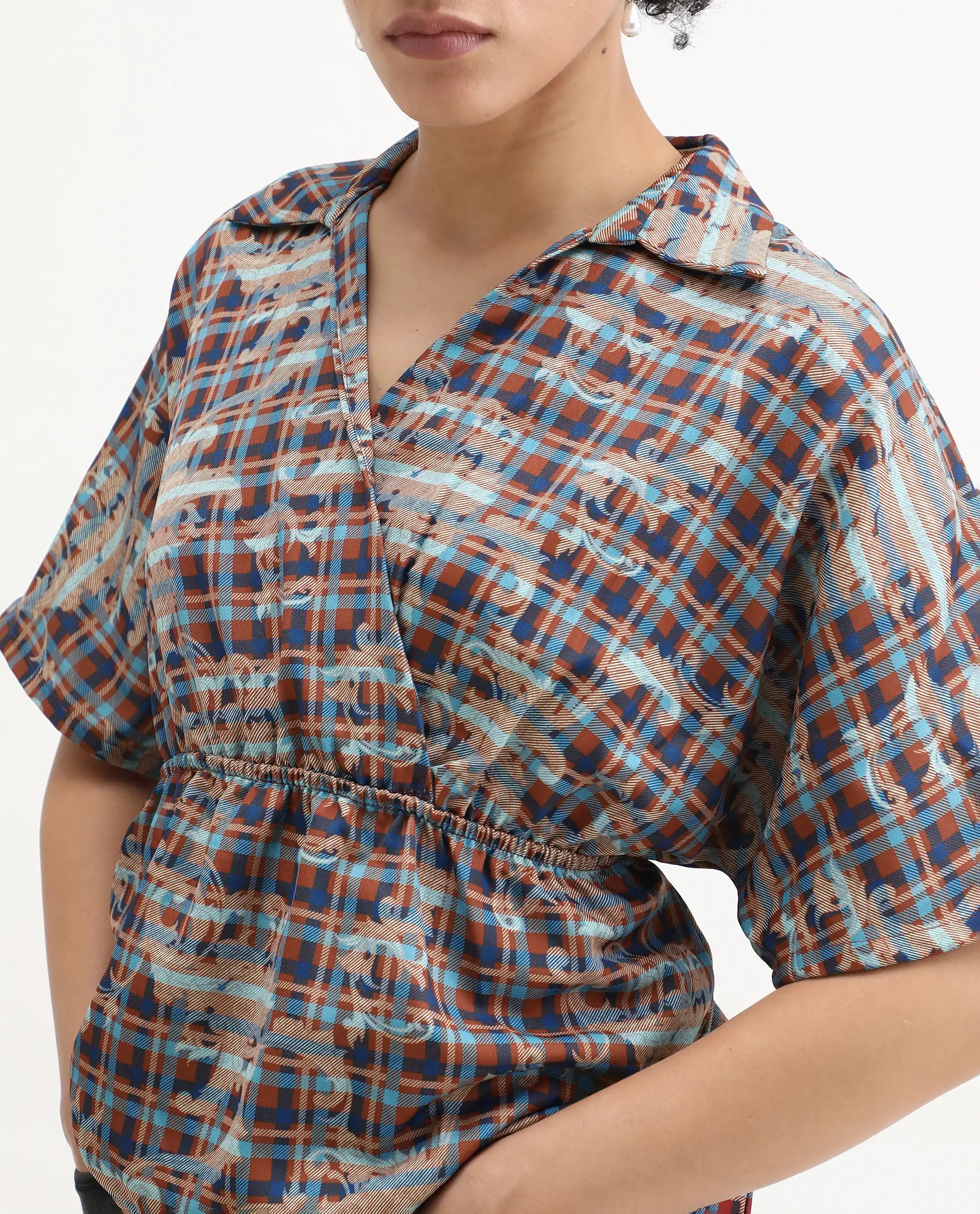 Rareism Women's Copo Dark Multi Polyester Johnny Collar Geometric Print Kimono Sleeve Regular Fit Top