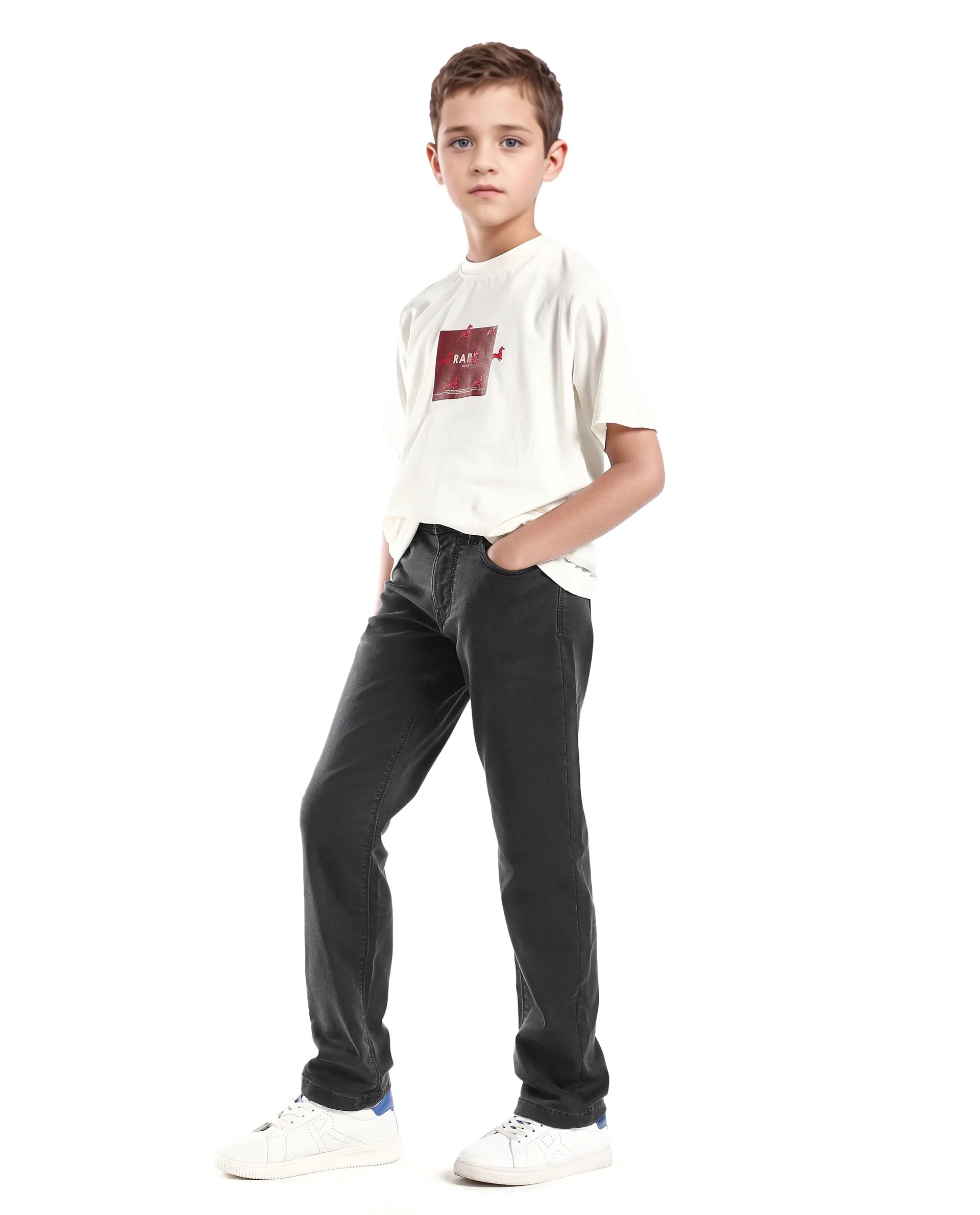 Rare Ones Kid's Corvo-K Grey Cotton Blend Fabric Regular Fit Plain Jeans
