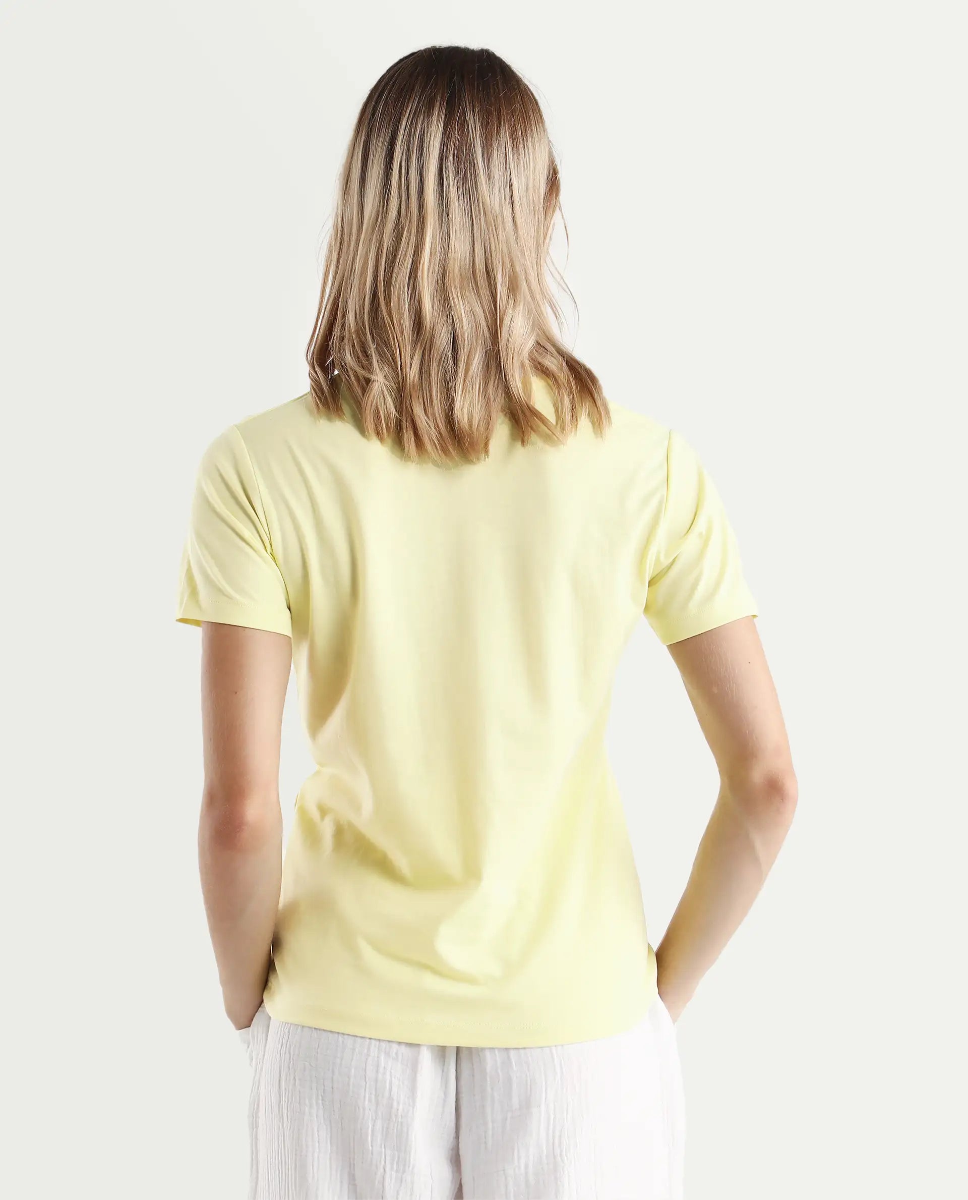 Rareism Women's Cosmo Yellow Cotton Blend Crew Neck Graphic Print Regular Fit T-Shirt