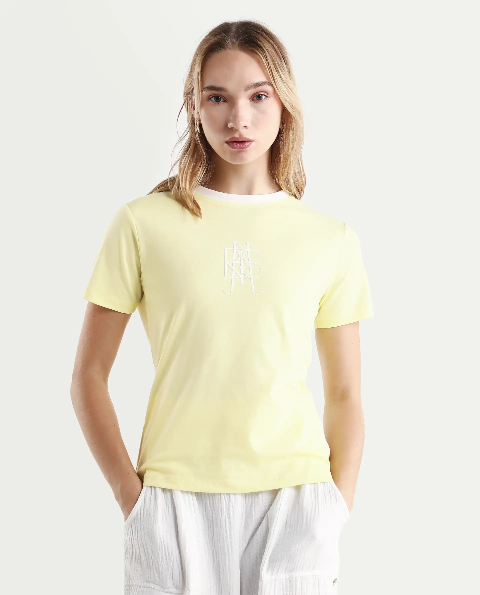 Rareism Women's Cosmo Yellow Cotton Blend Crew Neck Graphic Print Regular Fit T-Shirt