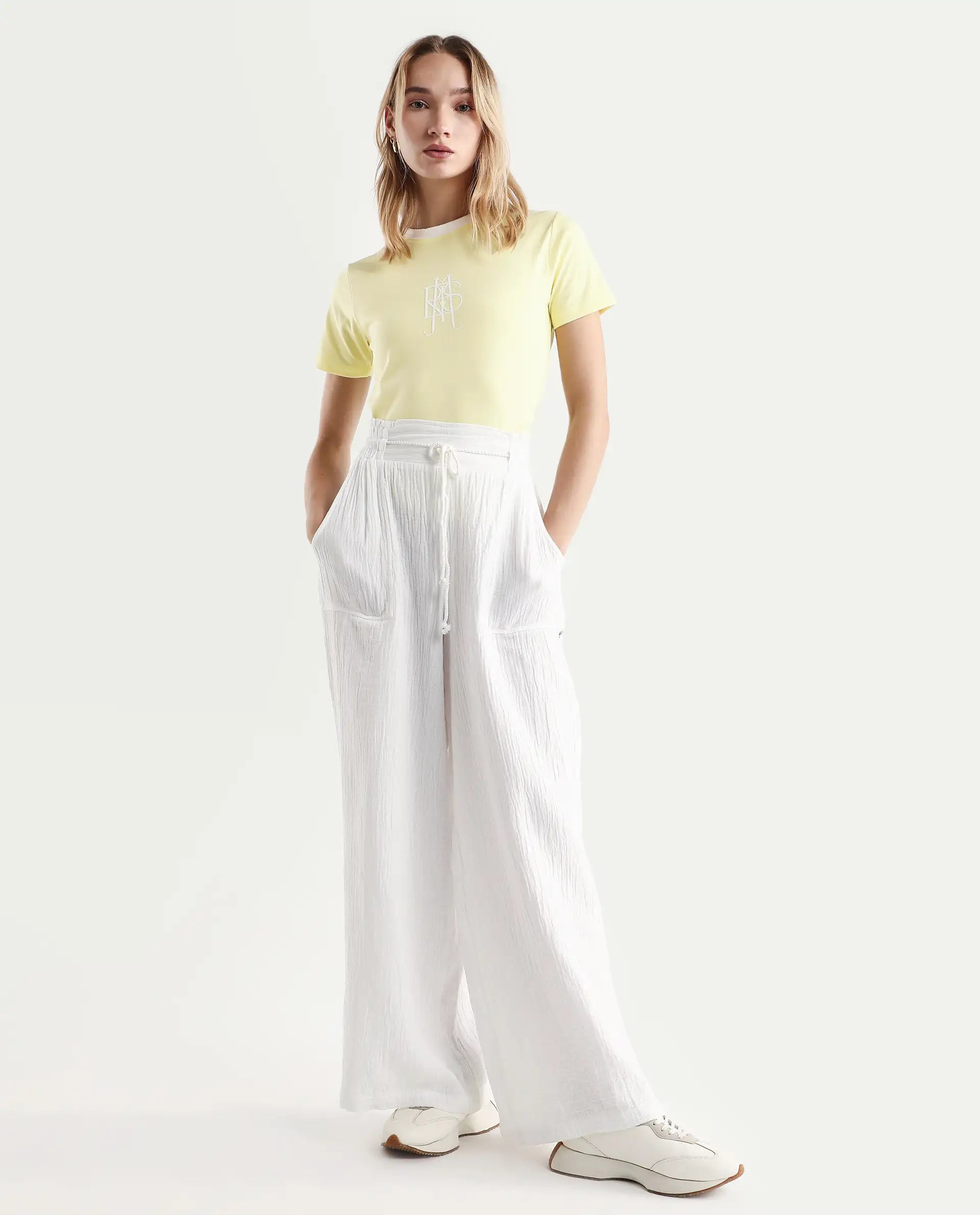 Rareism Women's Cosmo Yellow Cotton Blend Crew Neck Graphic Print Regular Fit T-Shirt