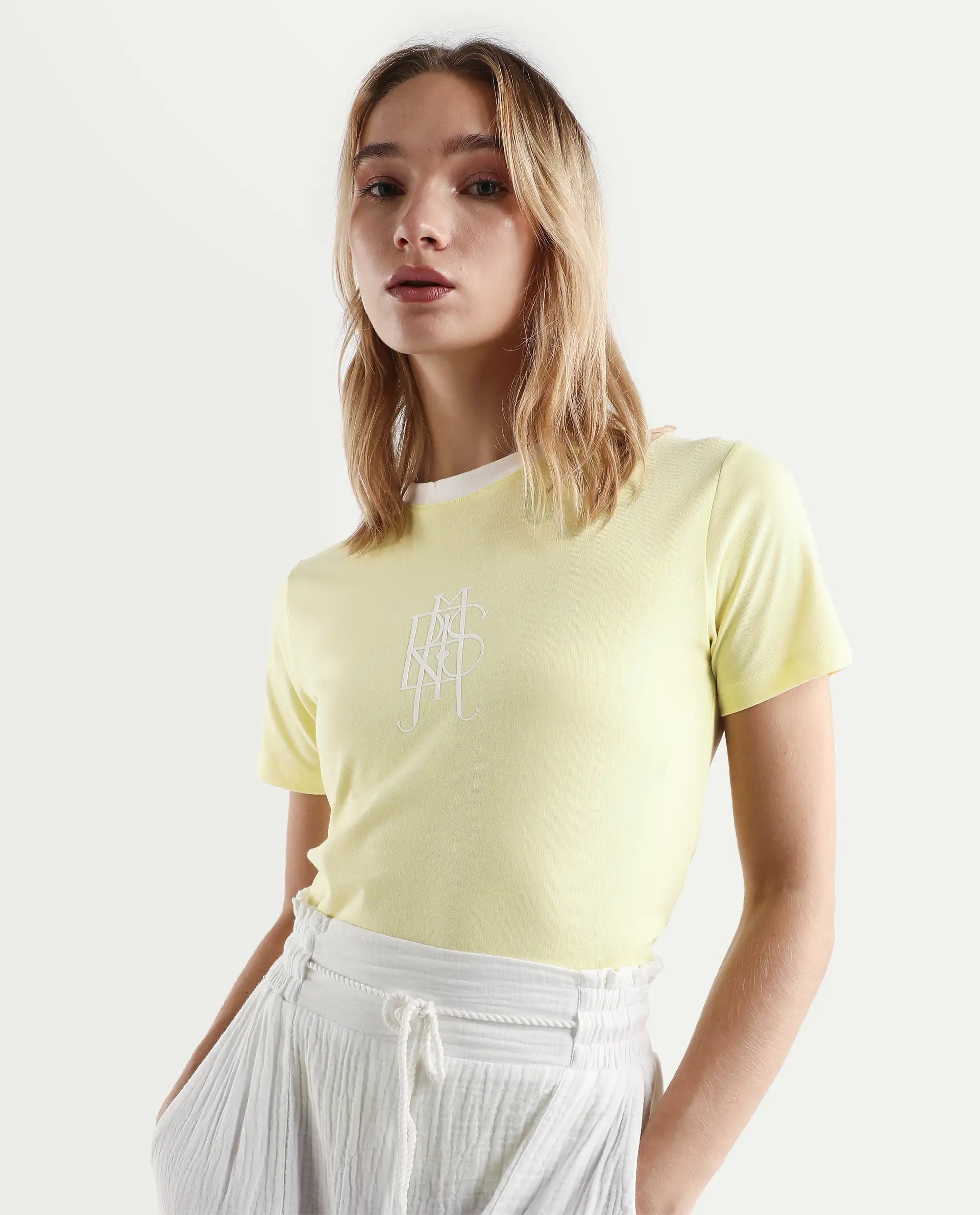 Rareism Women's Cosmo Yellow Cotton Blend Crew Neck Graphic Print Regular Fit T-Shirt