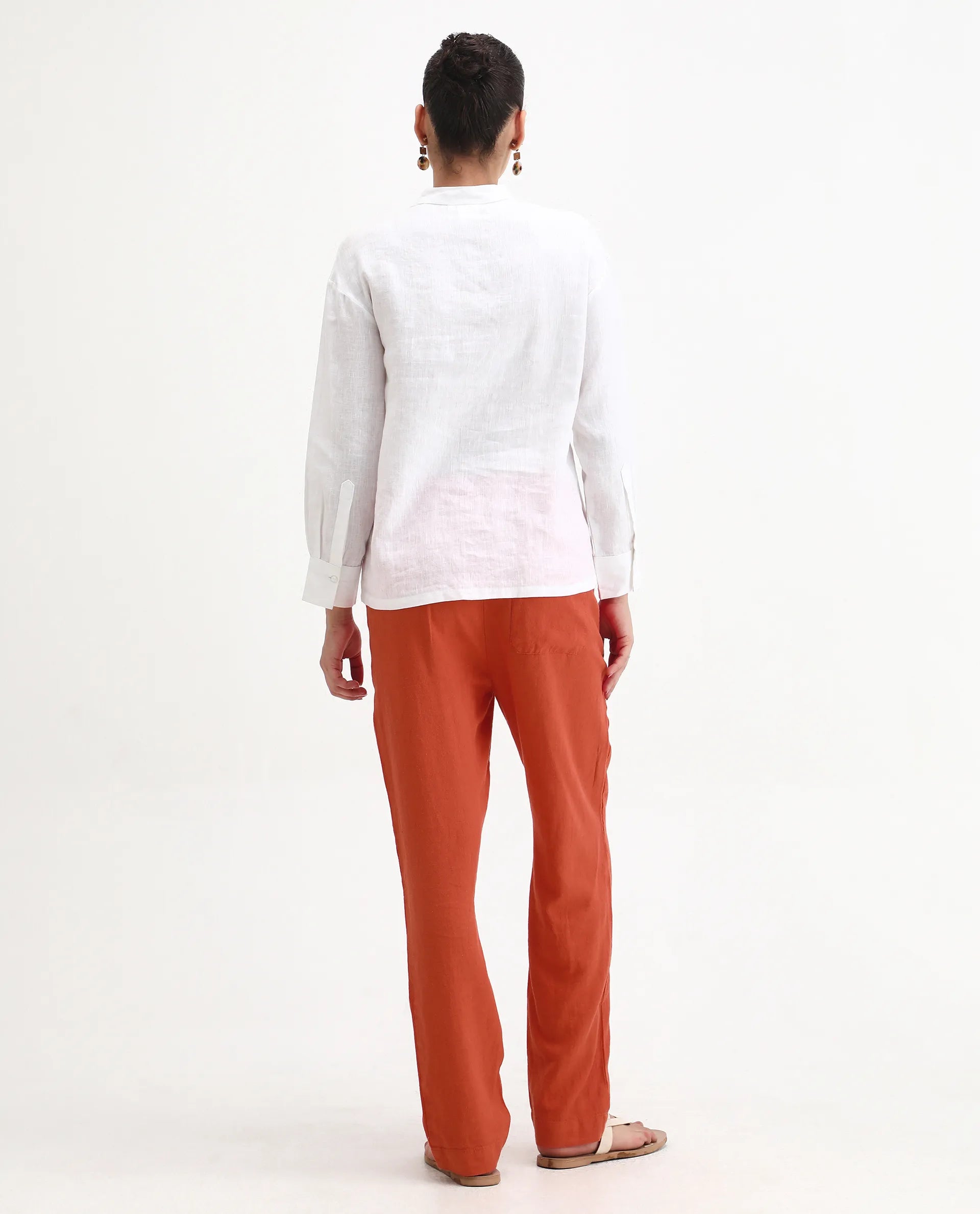 Rareism Women's Costa-B Pastel Rust Linen Plain Ankle Length Tapered Trouser