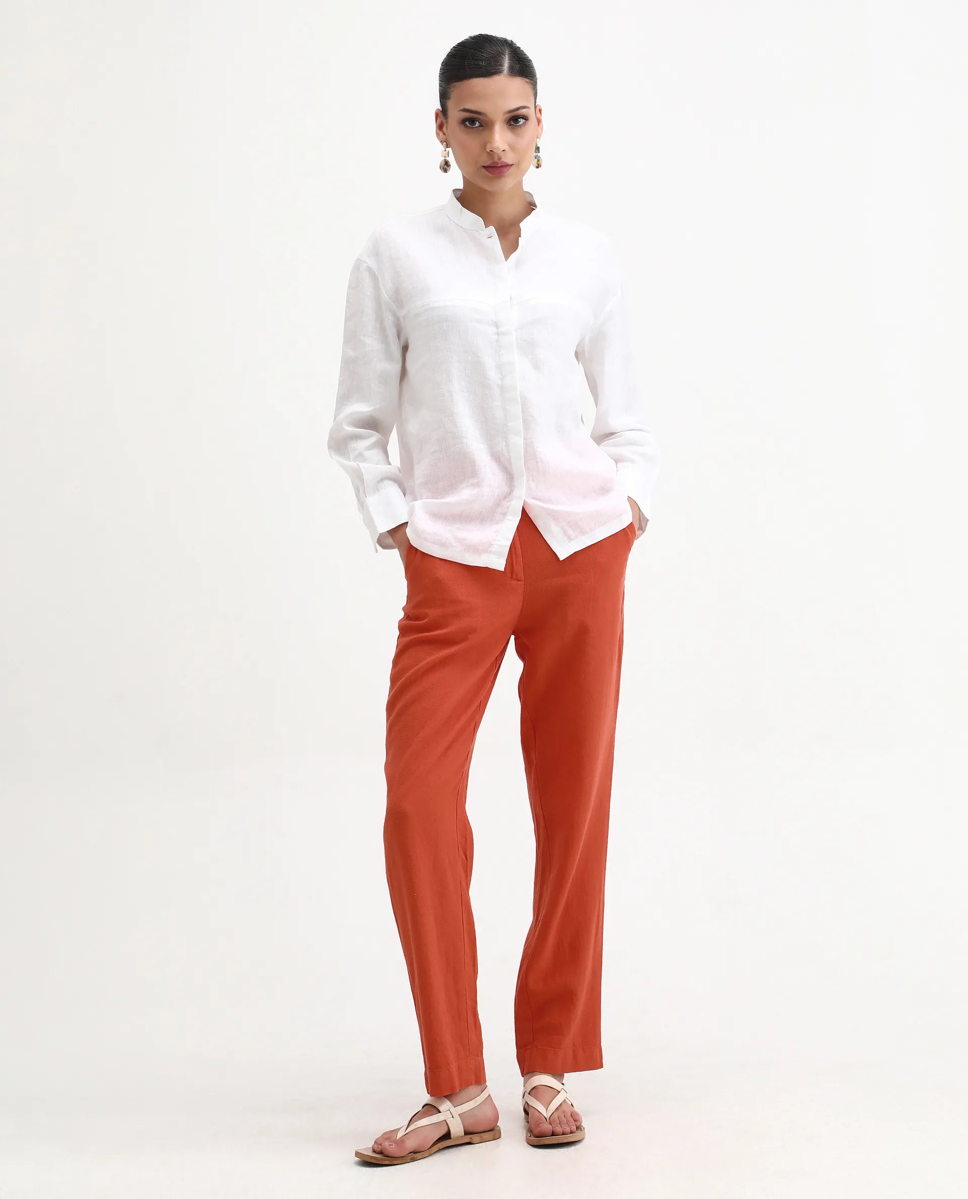 Rareism Women's Costa-B Pastel Rust Linen Plain Ankle Length Tapered Trouser