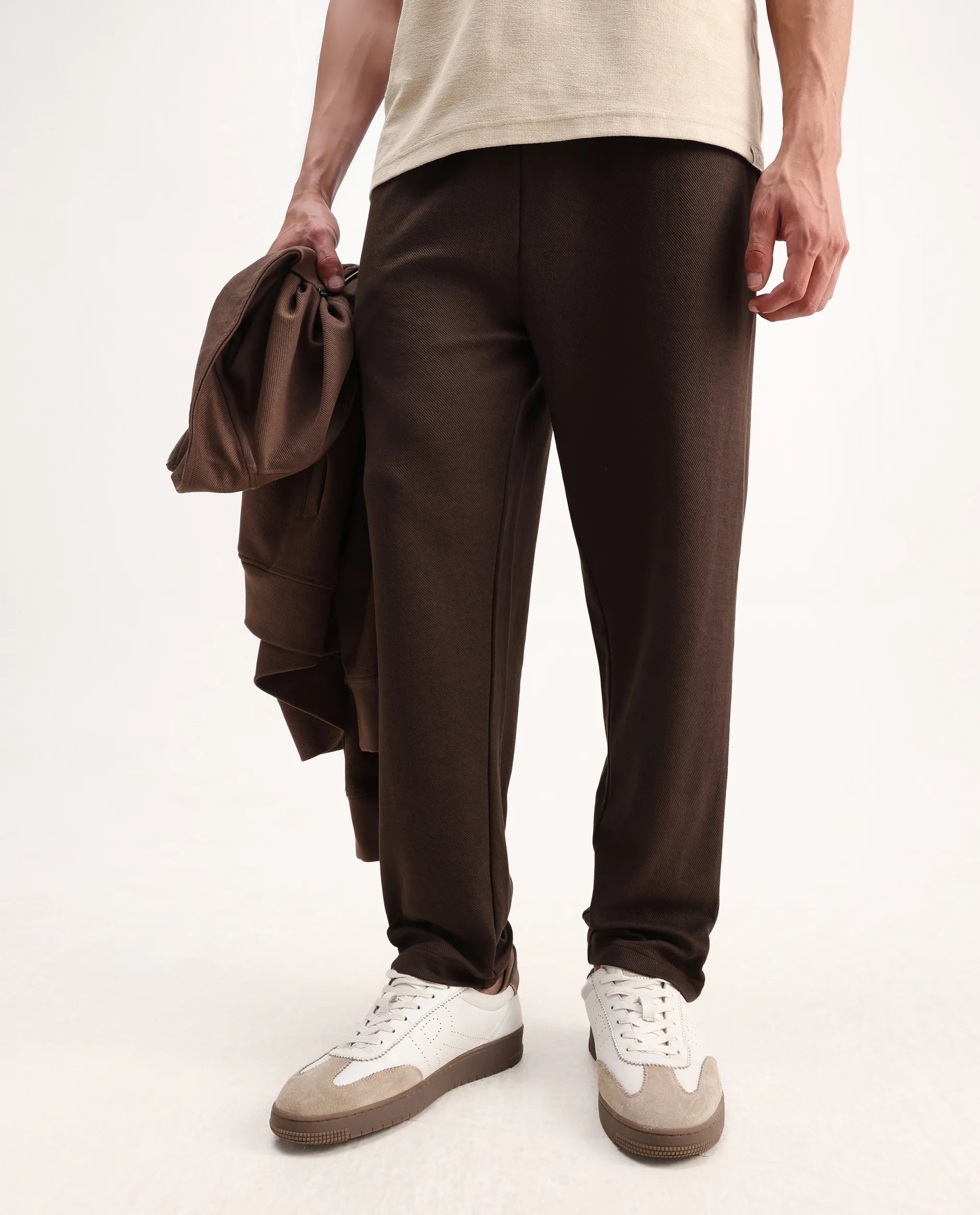 Rare Rabbit Men's Costo-B Dark Brown Polyester Blend Plain Regular Fit Track Pant