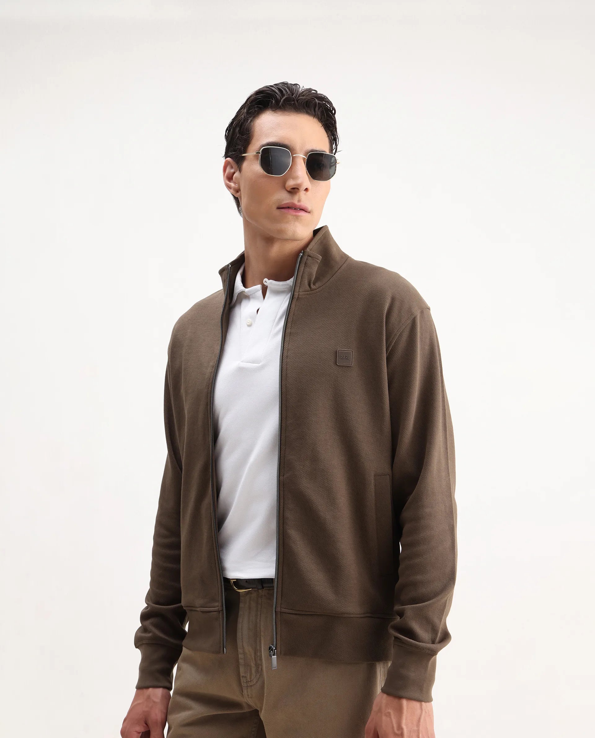 Rare Rabbit Men's Costo-J-S26 Dark Beige Polyester Blend Fabric Full Sleeve High Neck Relaxed Fit Plain Sweatshirt