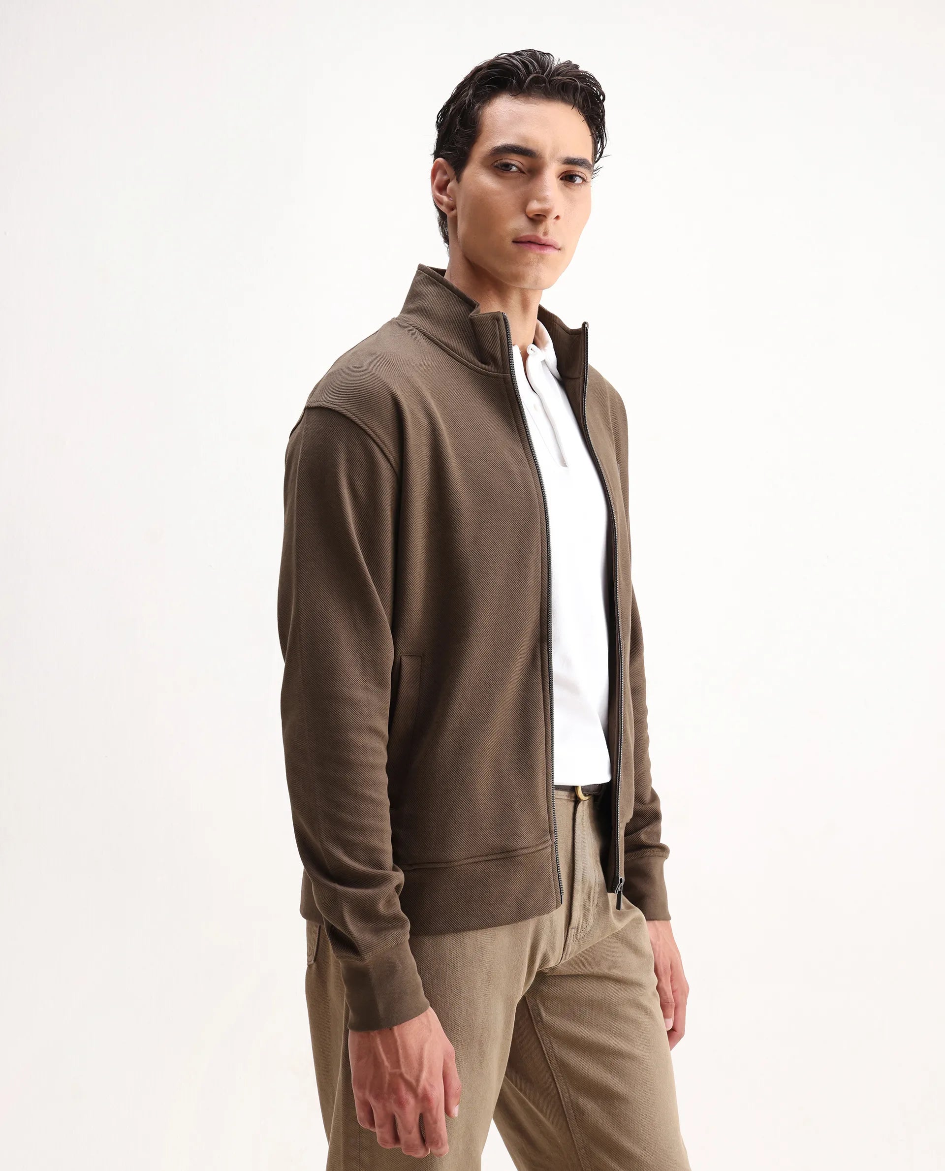 Rare Rabbit Men's Costo-J Dark Beige Polyester Blend Plain Relaxed Fit Full Sleeve High Neck Sweatshirt