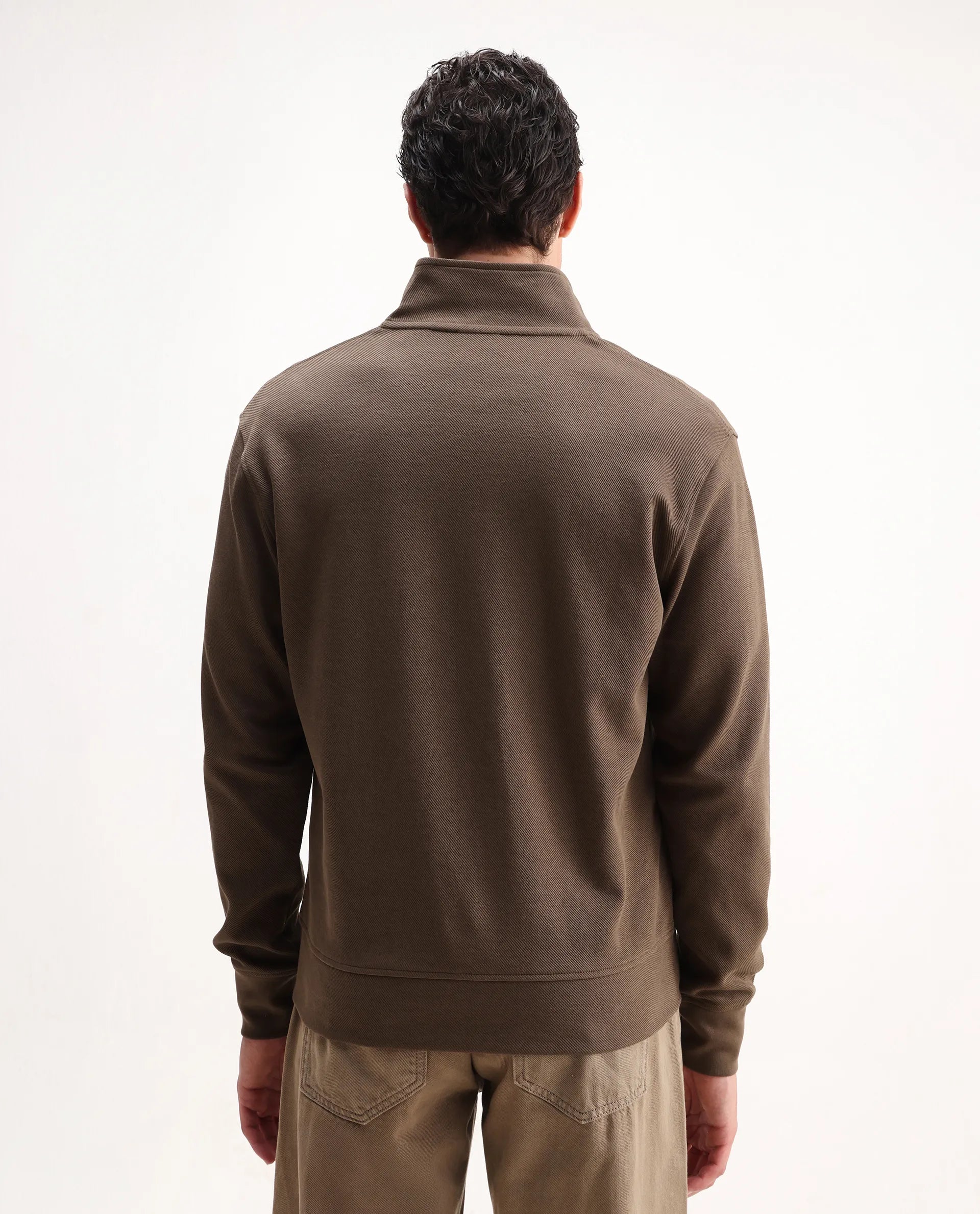 Rare Rabbit Men's Costo-J Dark Beige Polyester Blend Plain Relaxed Fit Full Sleeve High Neck Sweatshirt