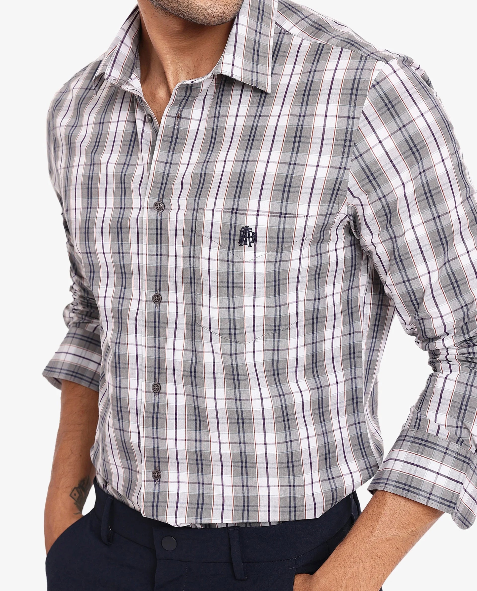 Rare Rabbit Men's Cottbus Grey Cotton Fabric Full Sleeve Collared Neck Checks Shirt