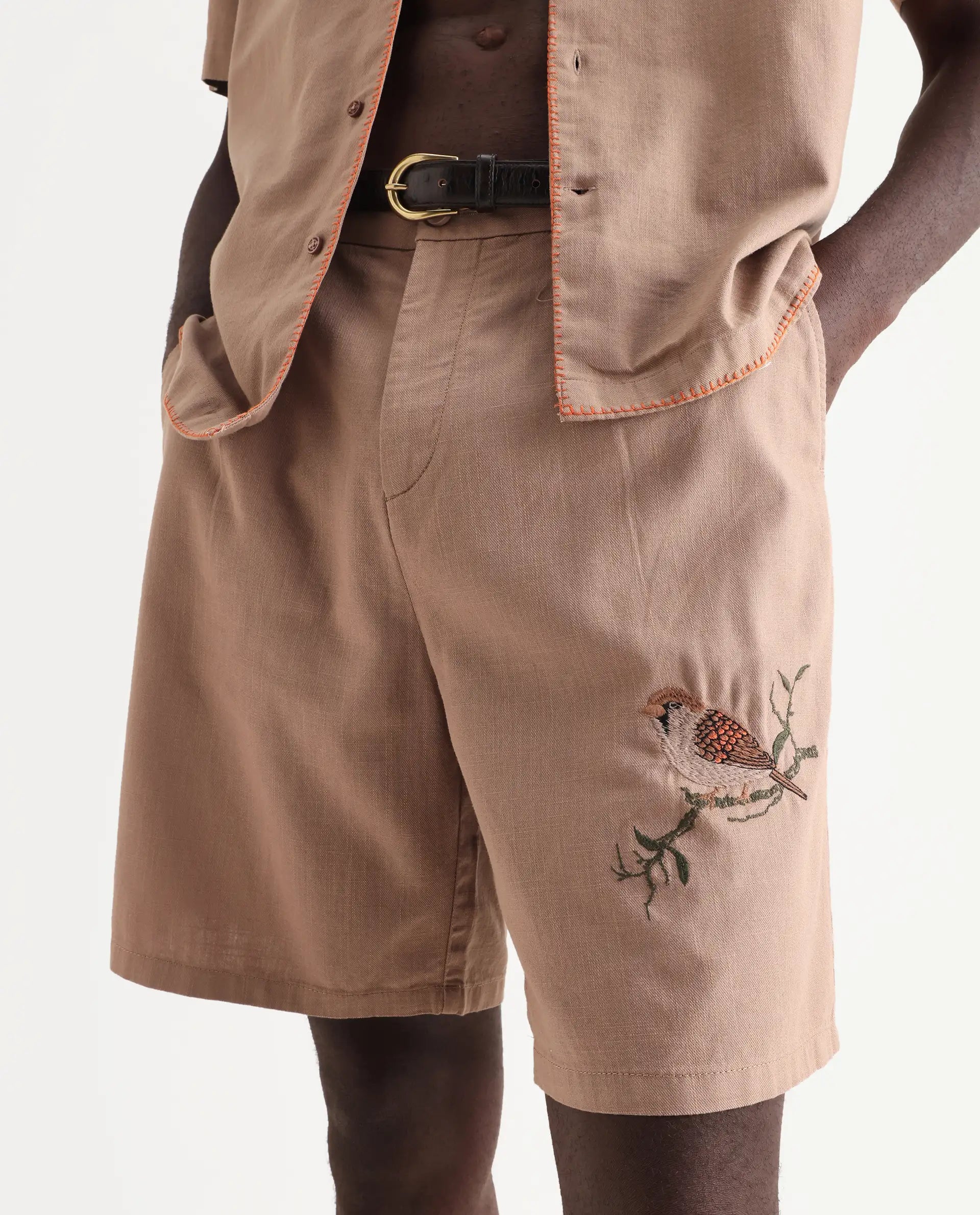 Rare Rabbit Men's Couvin-B Light Brown Cotton Embroidered Regular Fit Shorts